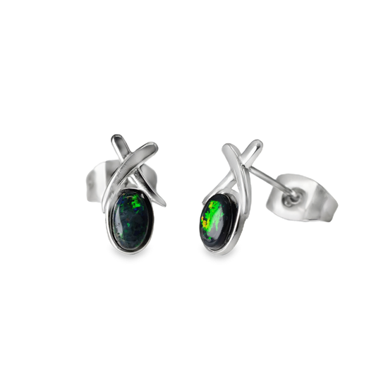 Black Opal Earrings in Stainless Steel - Green-Blue