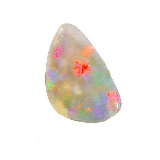 A teardrop-shaped white opal gemstone with vibrant, multicoloured flashes of pink, orange, green, and blue, set against a plain white background.
