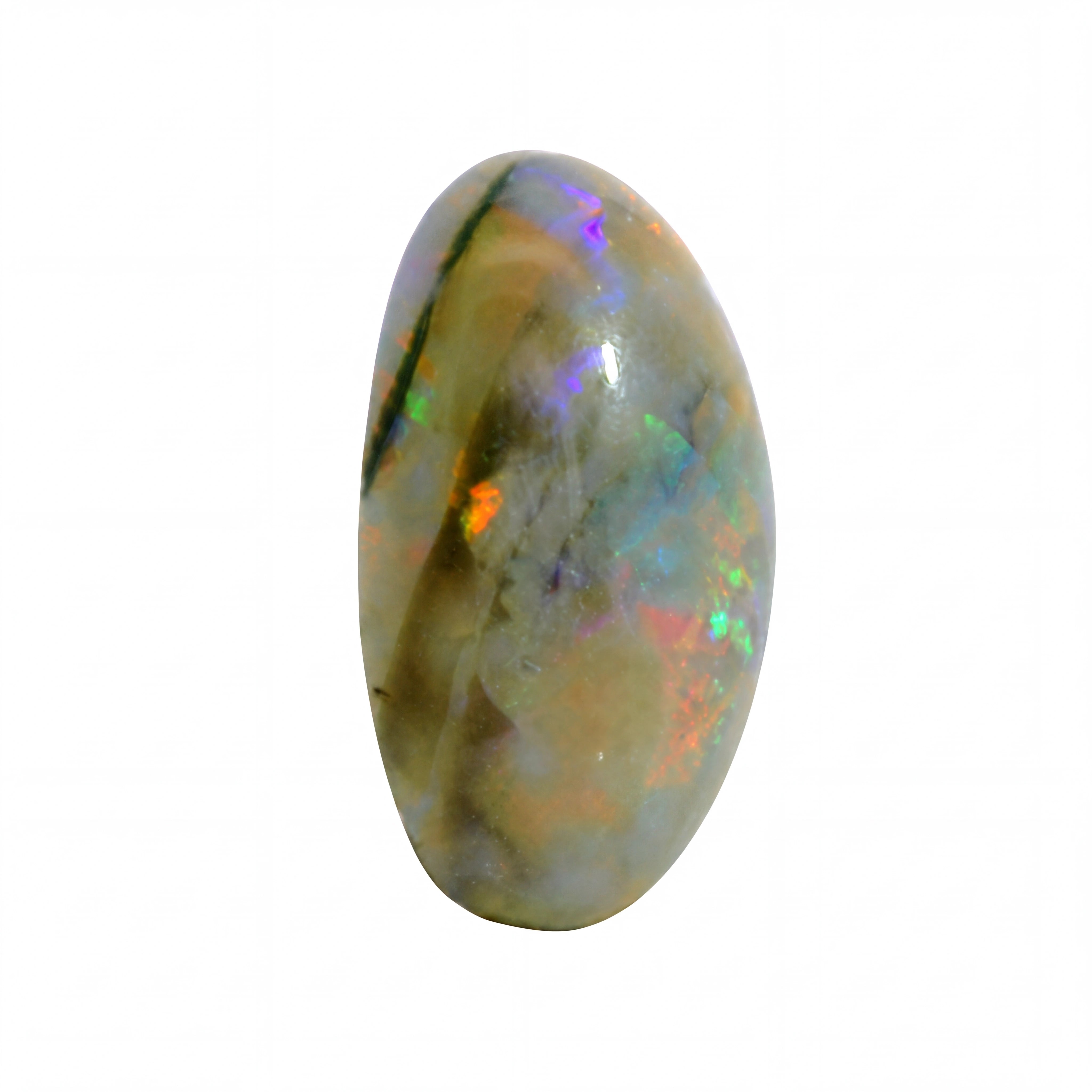 A polished oval cabochon opal gemstone displaying a play-of-colour with flashes of orange, green, blue, and purple over a beige and grey base, set against a plain white background.