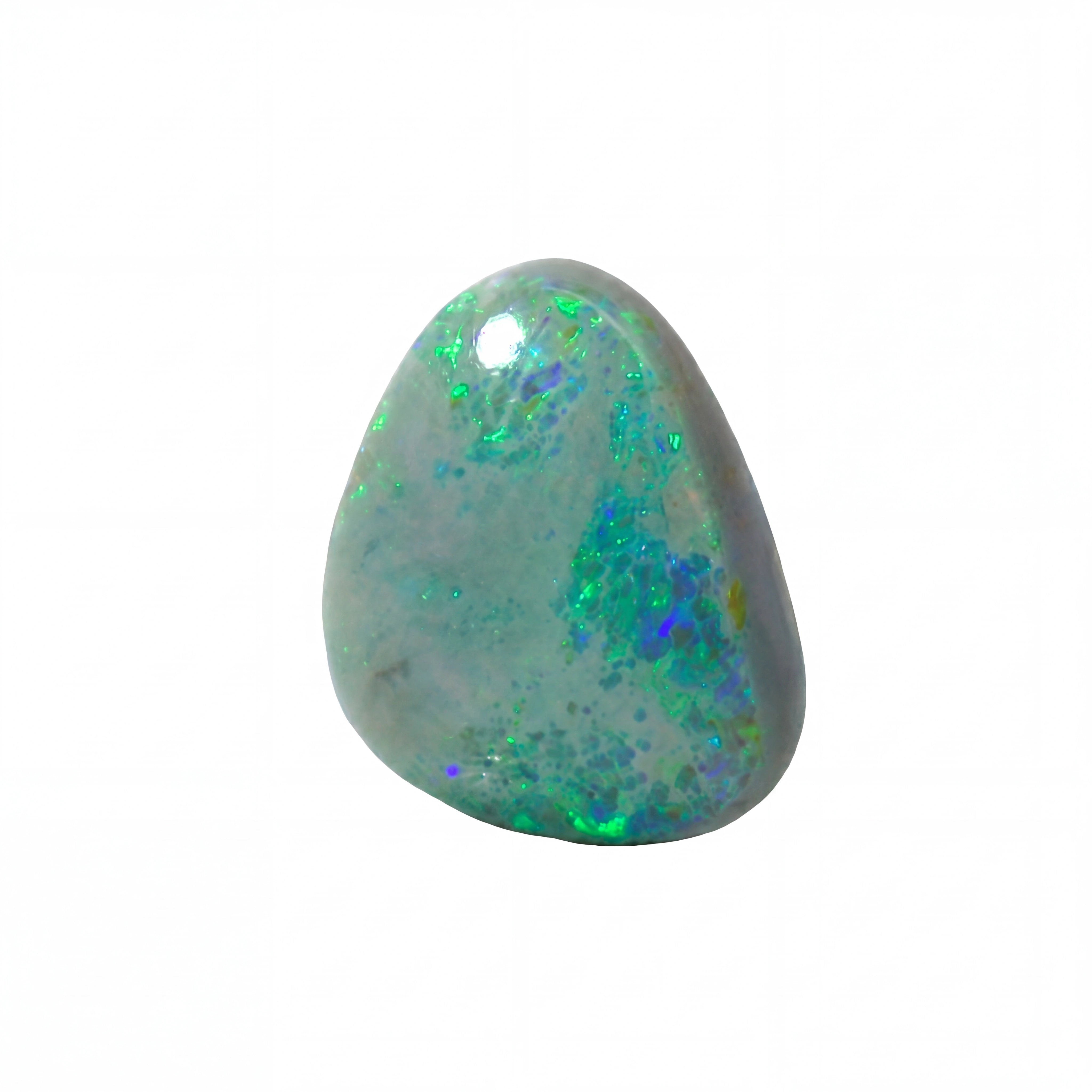 A polished teardrop-shaped opal stone with vibrant green, blue, and orange flashes on a pale grey base, set against a plain white background.
