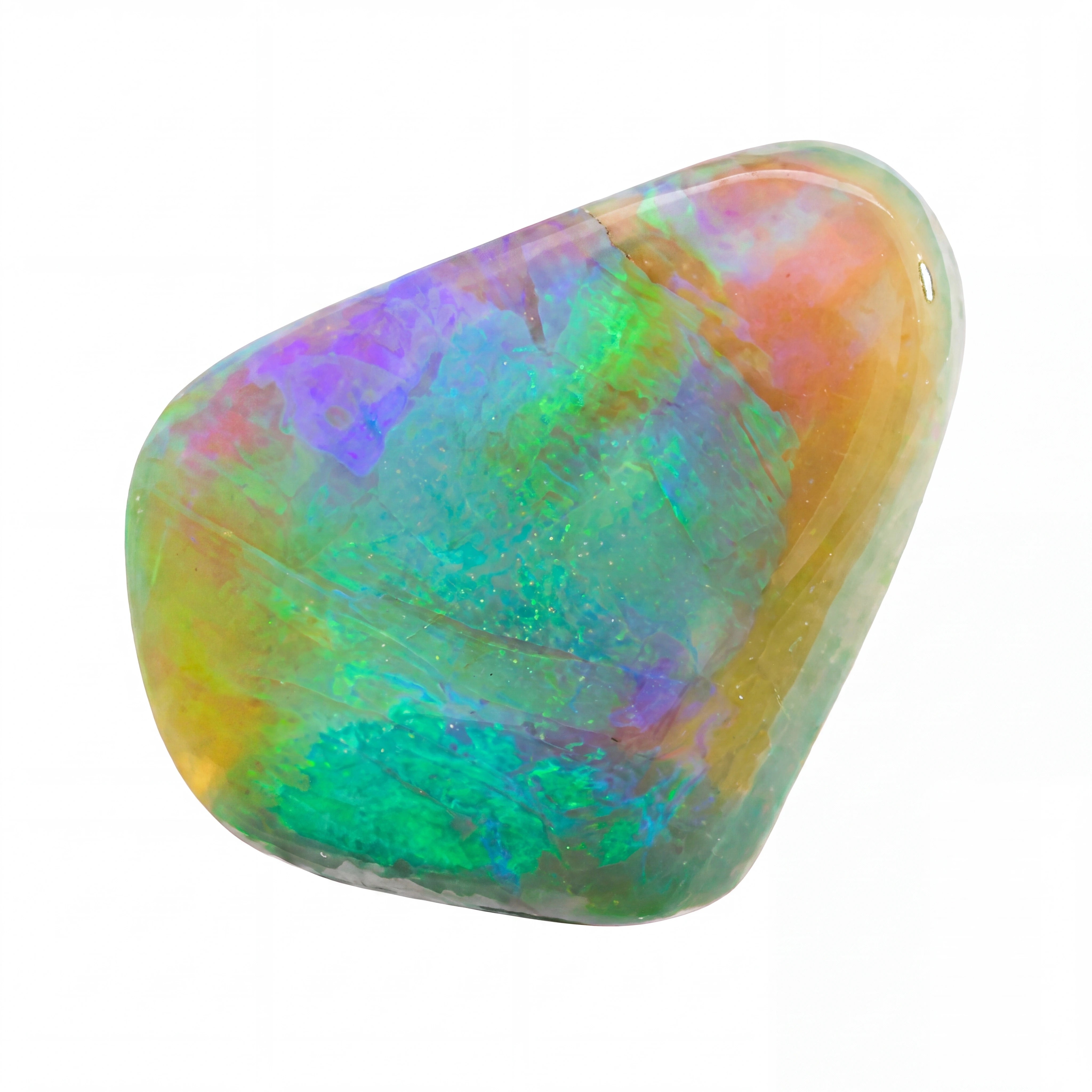A polished tumbled opal stone with vibrant iridescent colours including green, blue, purple, orange, and yellow, shown on a solid white background.