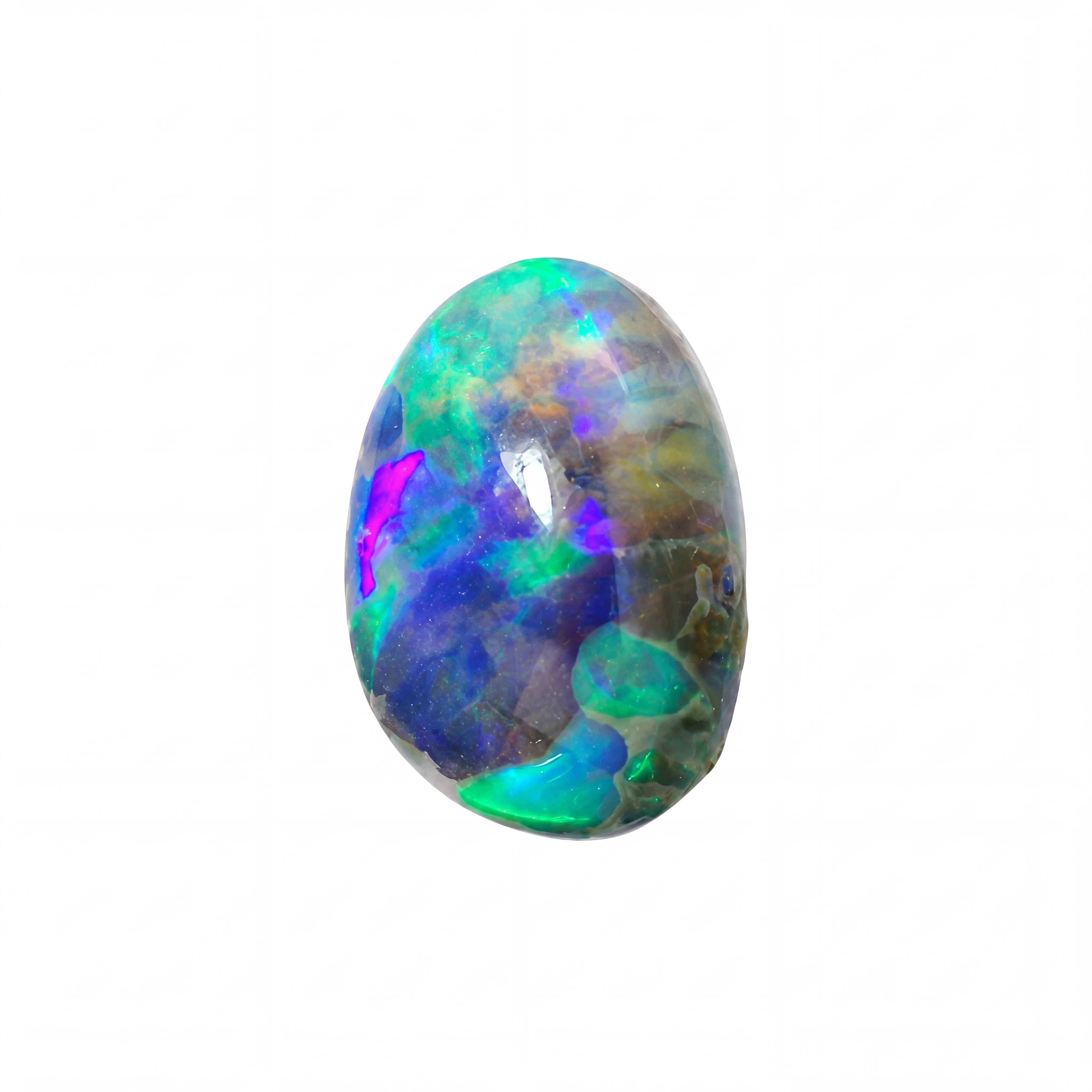 A polished oval opal gemstone displaying vibrant iridescent colours including blue, green, purple, and orange on a solid white background.