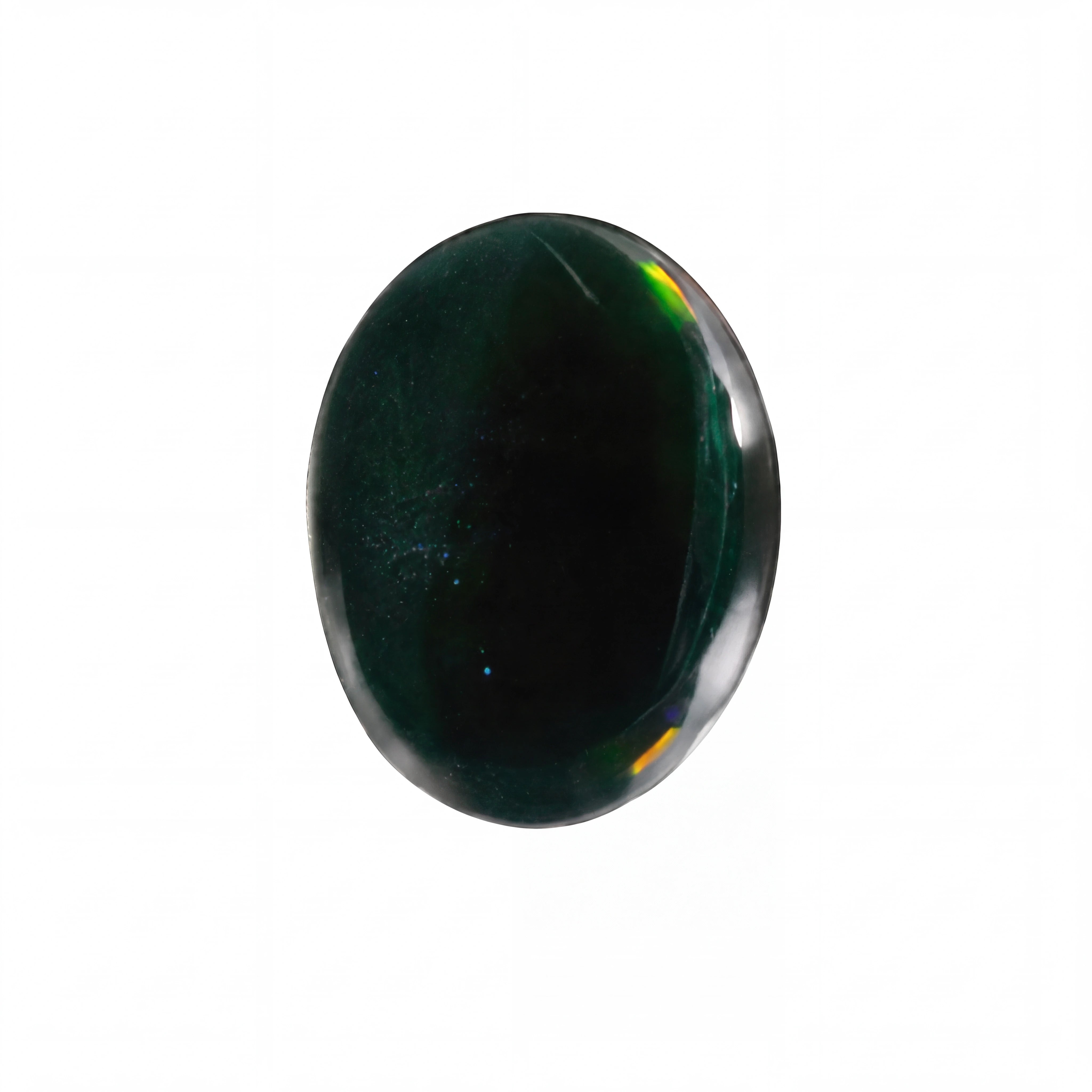 A single polished oval gemstone with a deep dark green body and iridescent rainbow flashes along its curved surface, isolated on a solid white background.