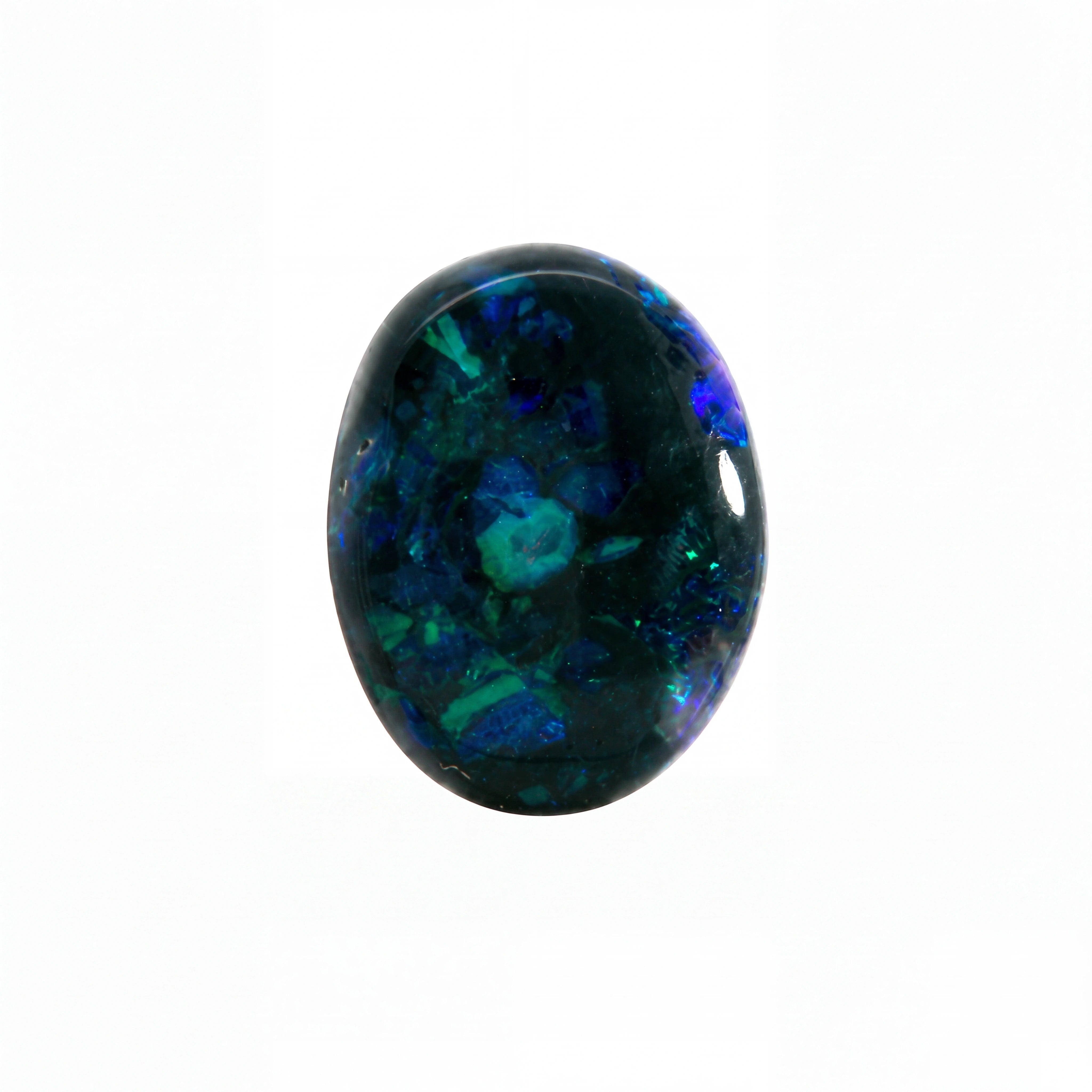 A polished oval cabochon gemstone featuring a deep black base with vibrant blue, green, and teal iridescent opal-like flashes, set against a plain white background.