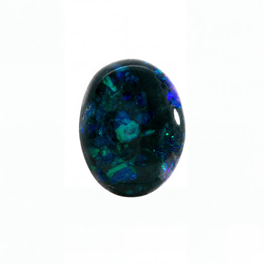 A polished oval cabochon gemstone featuring a deep black base with vibrant blue, green, and teal iridescent opal-like flashes, set against a plain white background.