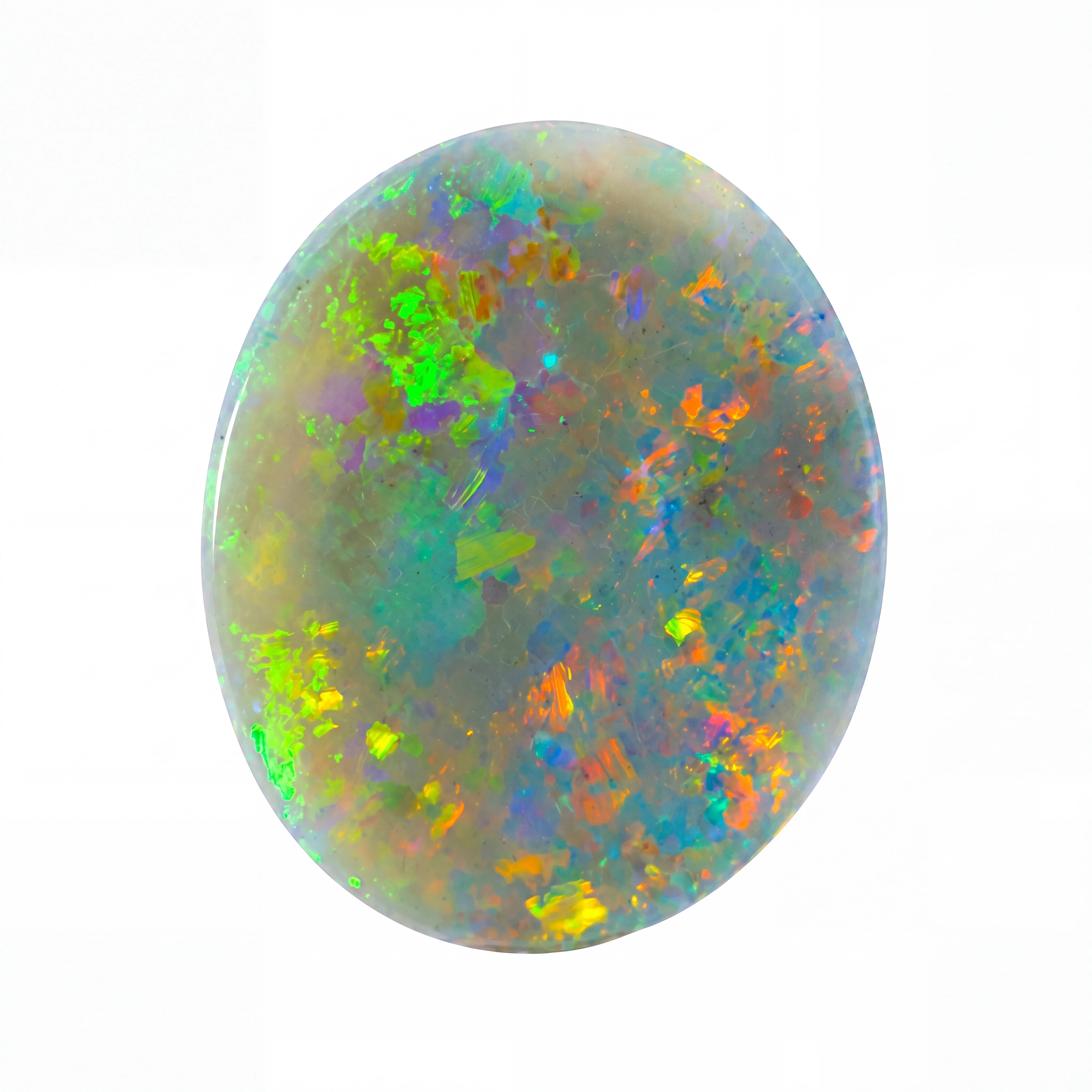 A polished oval cabochon opal gemstone displaying a vibrant play-of-colour with green, blue, orange, and purple flashes on a white background.