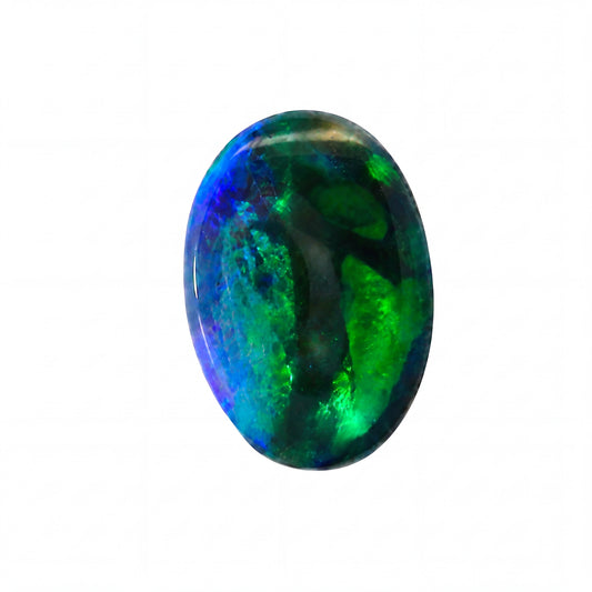 A polished oval cabochon gemstone featuring vibrant green and blue iridescent opal patterns, set against a plain white background.