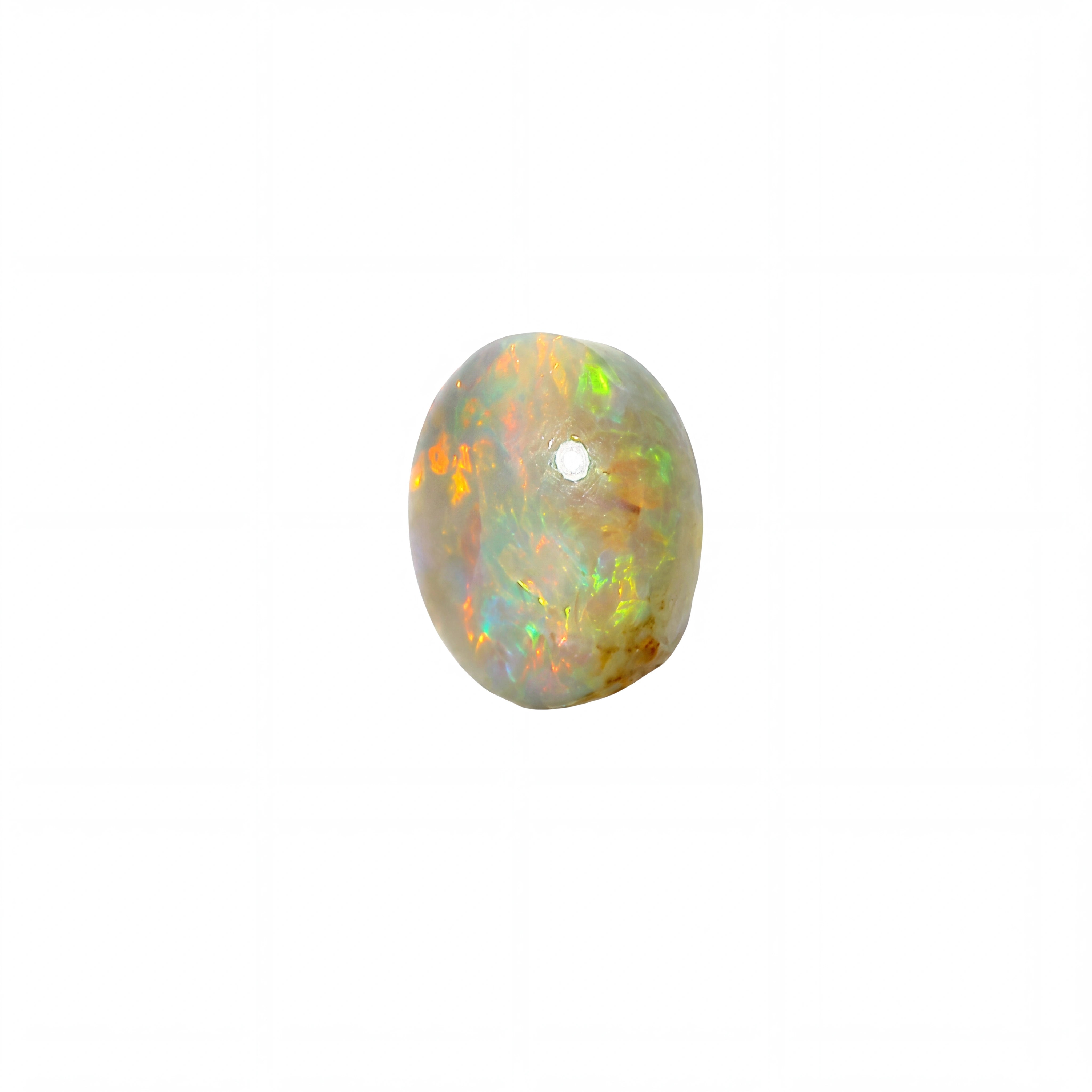 A polished oval cabochon gemstone with a white base and vibrant iridescent flashes of orange, green, and blue, isolated on a solid white background.