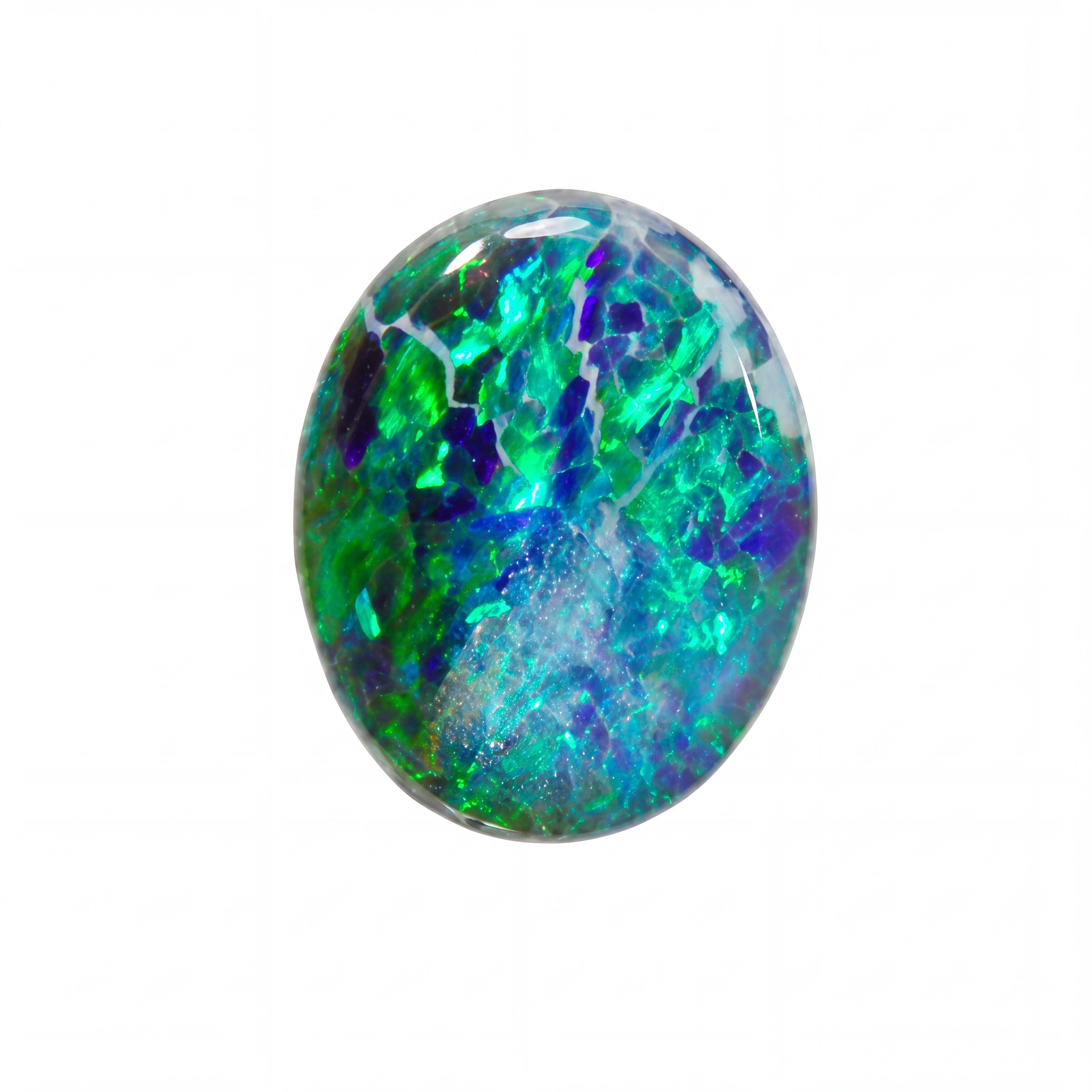 A polished oval cabochon gemstone featuring a vibrant play-of-colour pattern with green, blue, purple, and white hues, isolated on a solid white background.
