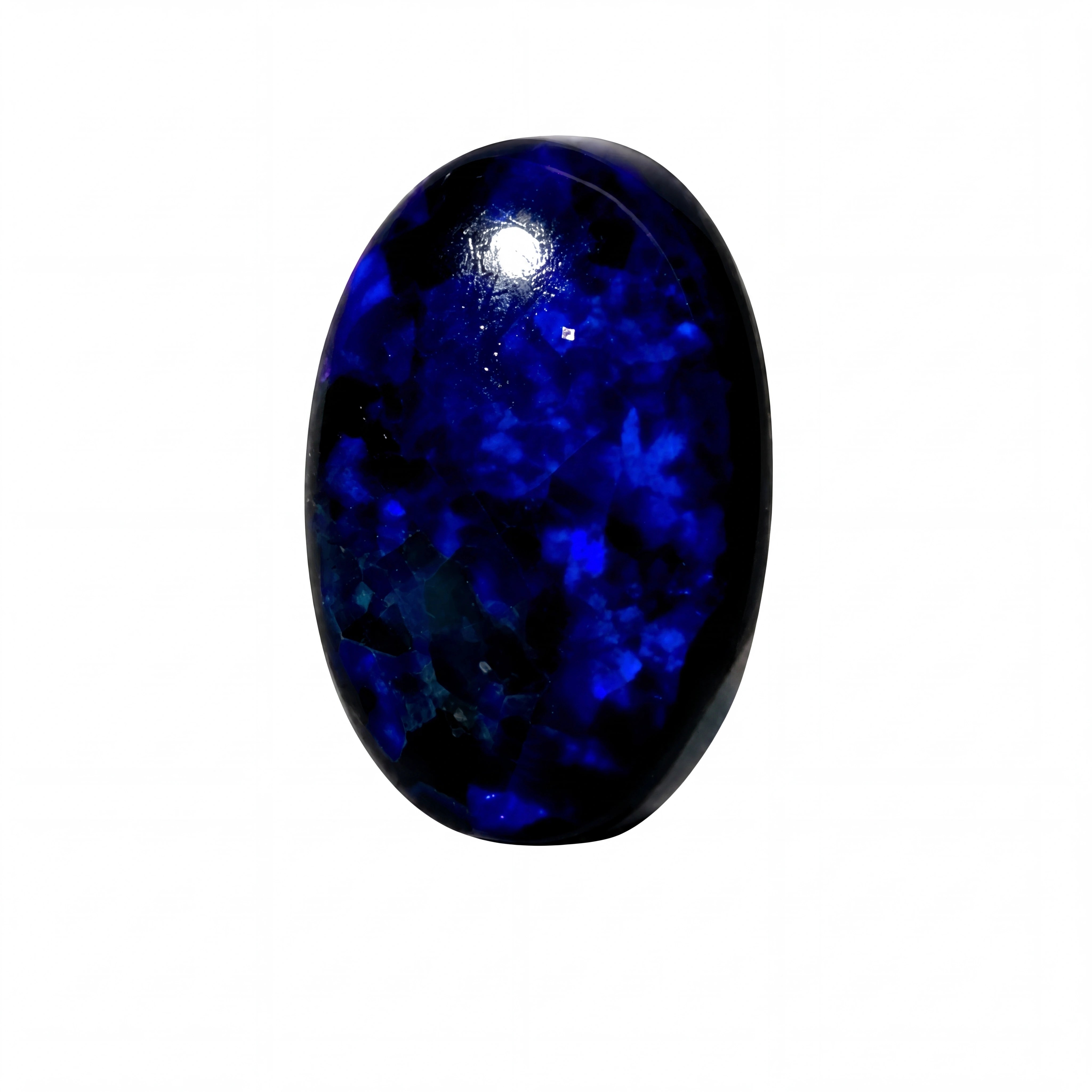 A polished oval cabochon gemstone with a deep, rich royal blue colour and natural marbling, shown on a solid white background.