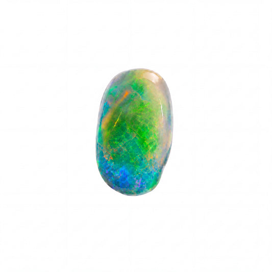 A polished oval cabochon gemstone showing a vibrant play-of-colour with green, blue, orange, and white, isolated on a solid white background.