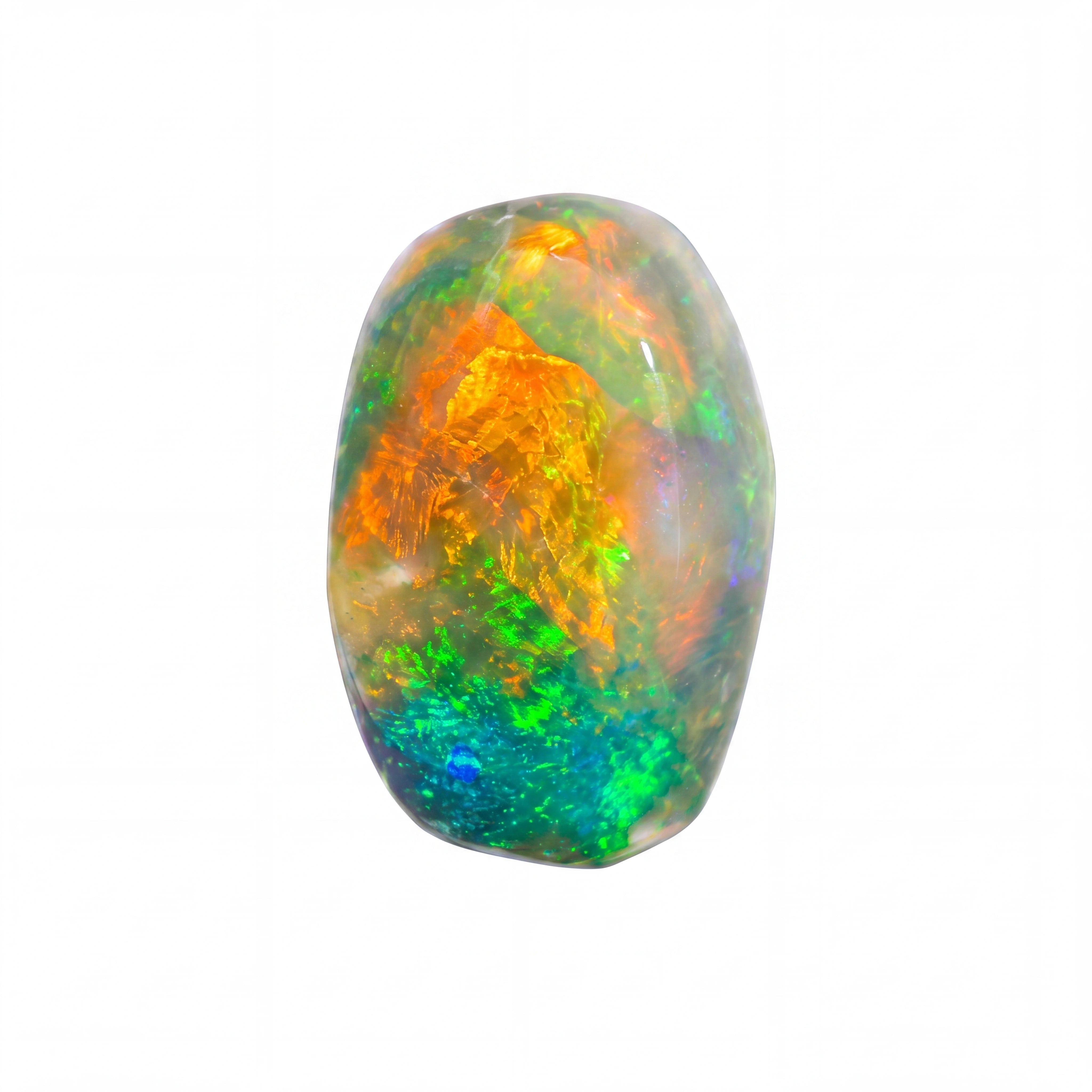 A polished natural opal gemstone with vibrant iridescent colours including orange, green, blue, and purple, set against a plain white background.