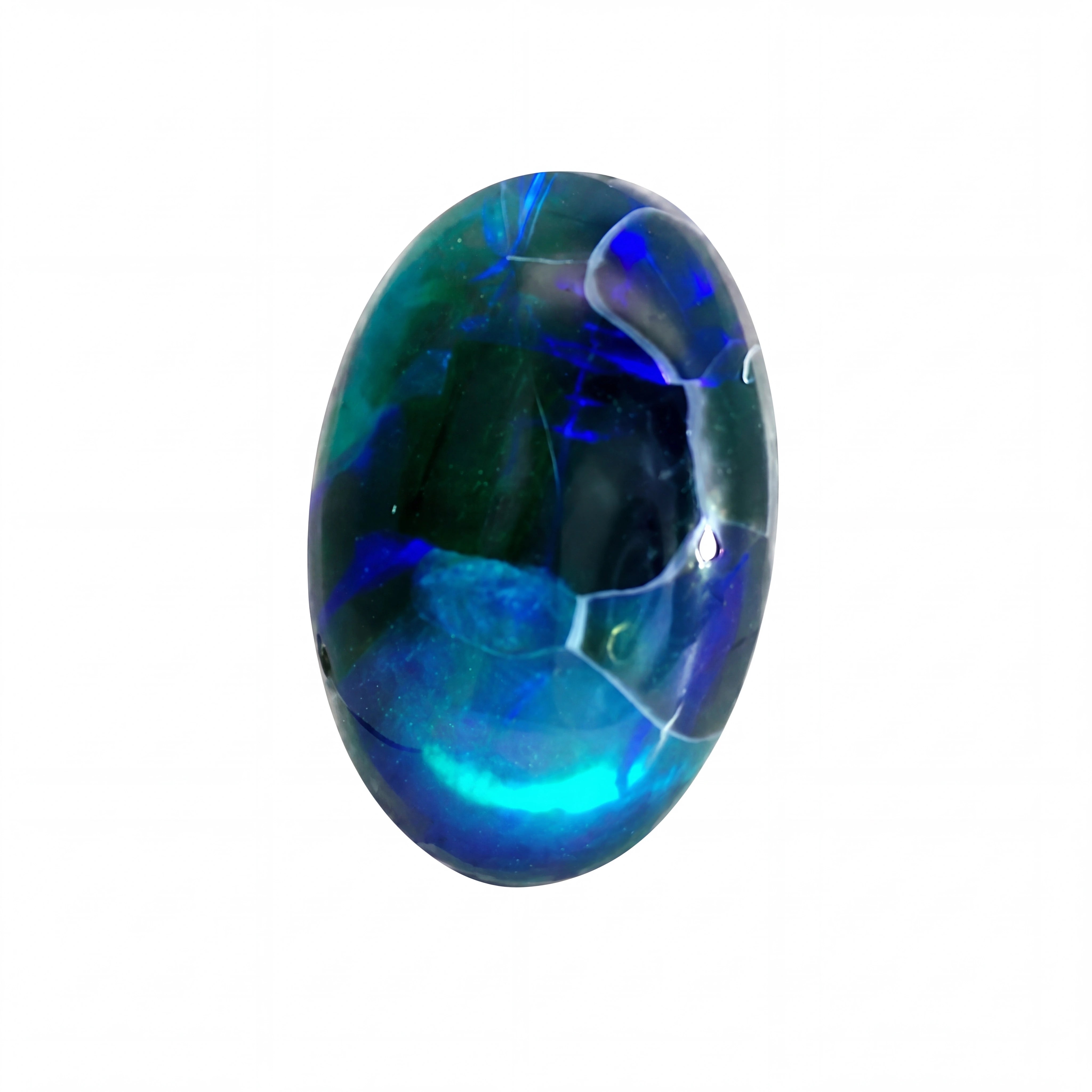 A polished oval cabochon gemstone featuring vibrant blue and green iridescent opal patterns, set against a plain white background.