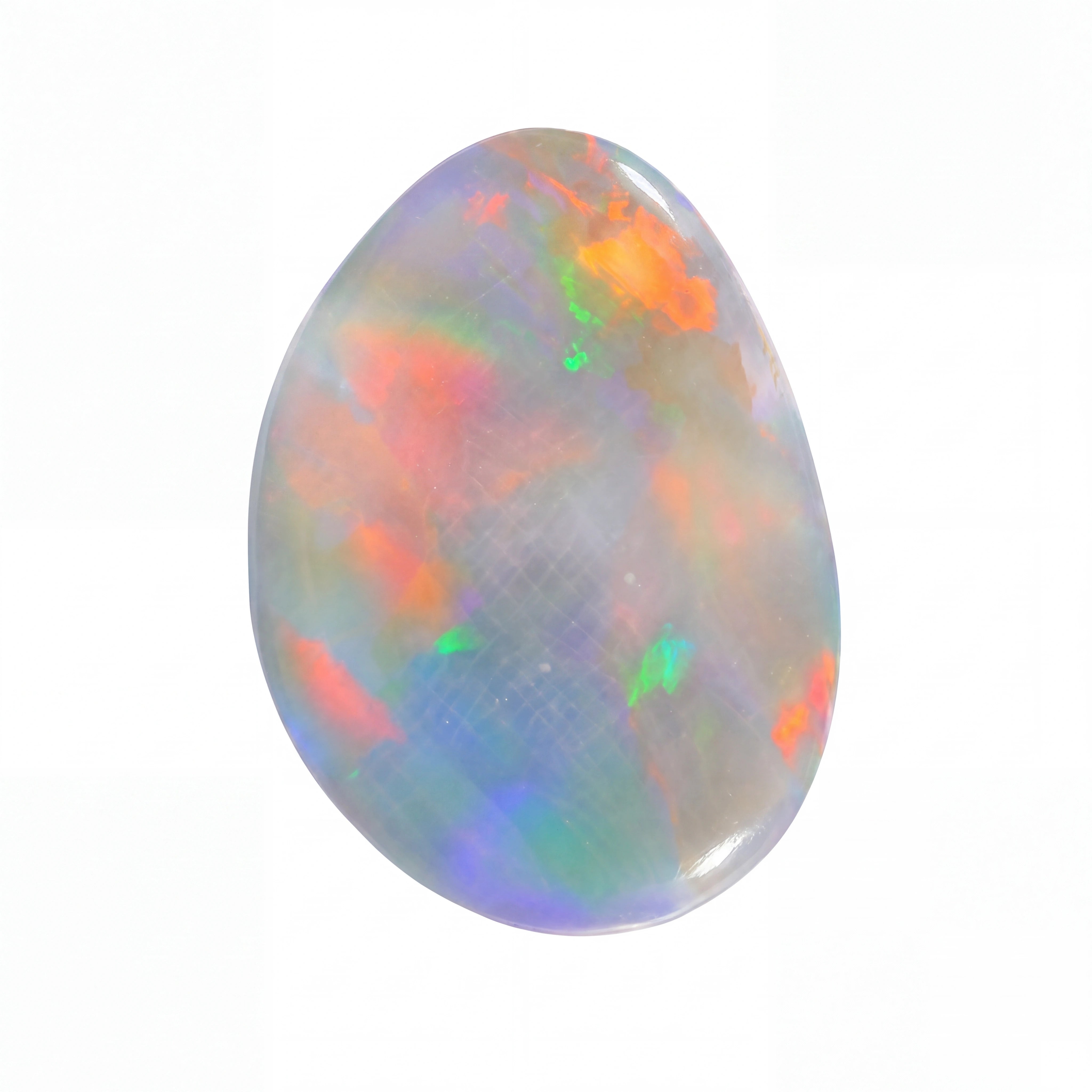 A polished teardrop-shaped cabochon opal gemstone displaying a play-of-colour with vibrant flashes of orange, green, blue, and purple on a white background.