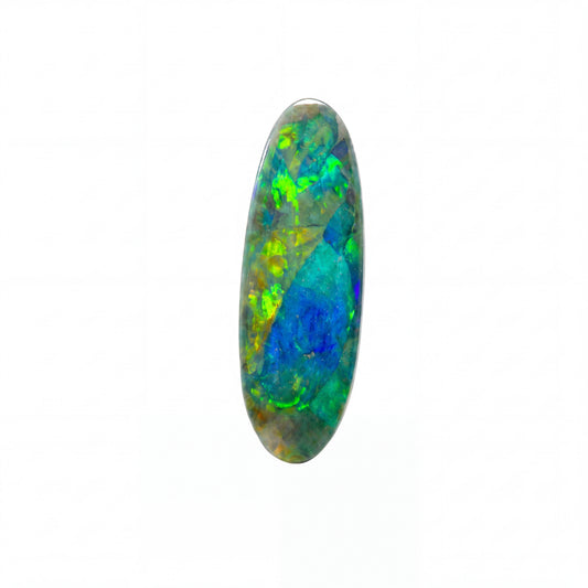 A polished oval cabochon opal gemstone displaying vibrant iridescent colours of blue, green, orange, and yellow on a white background.