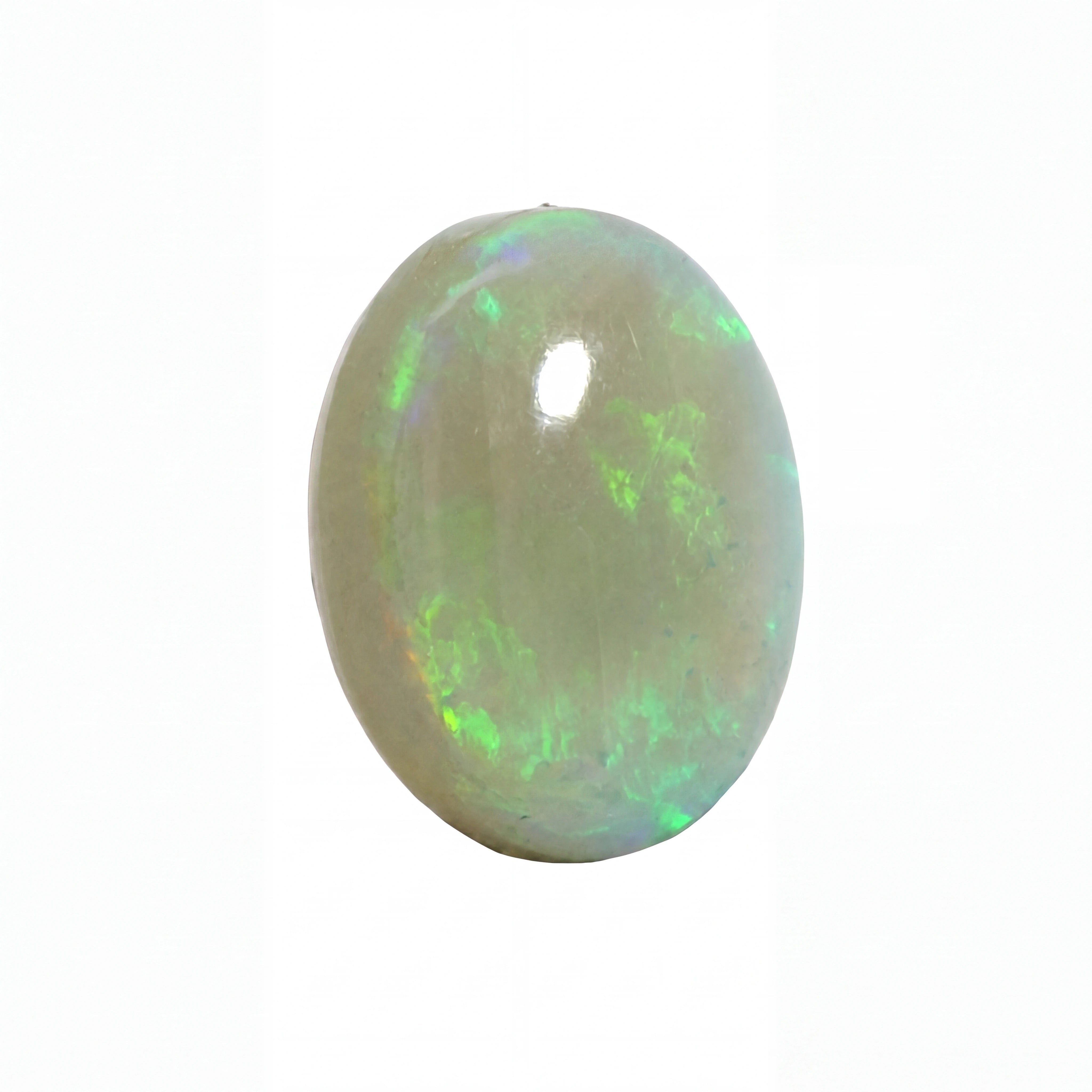A polished oval cabochon gemstone with a milky white base and vibrant green iridescent flashes, shown on a plain white background.