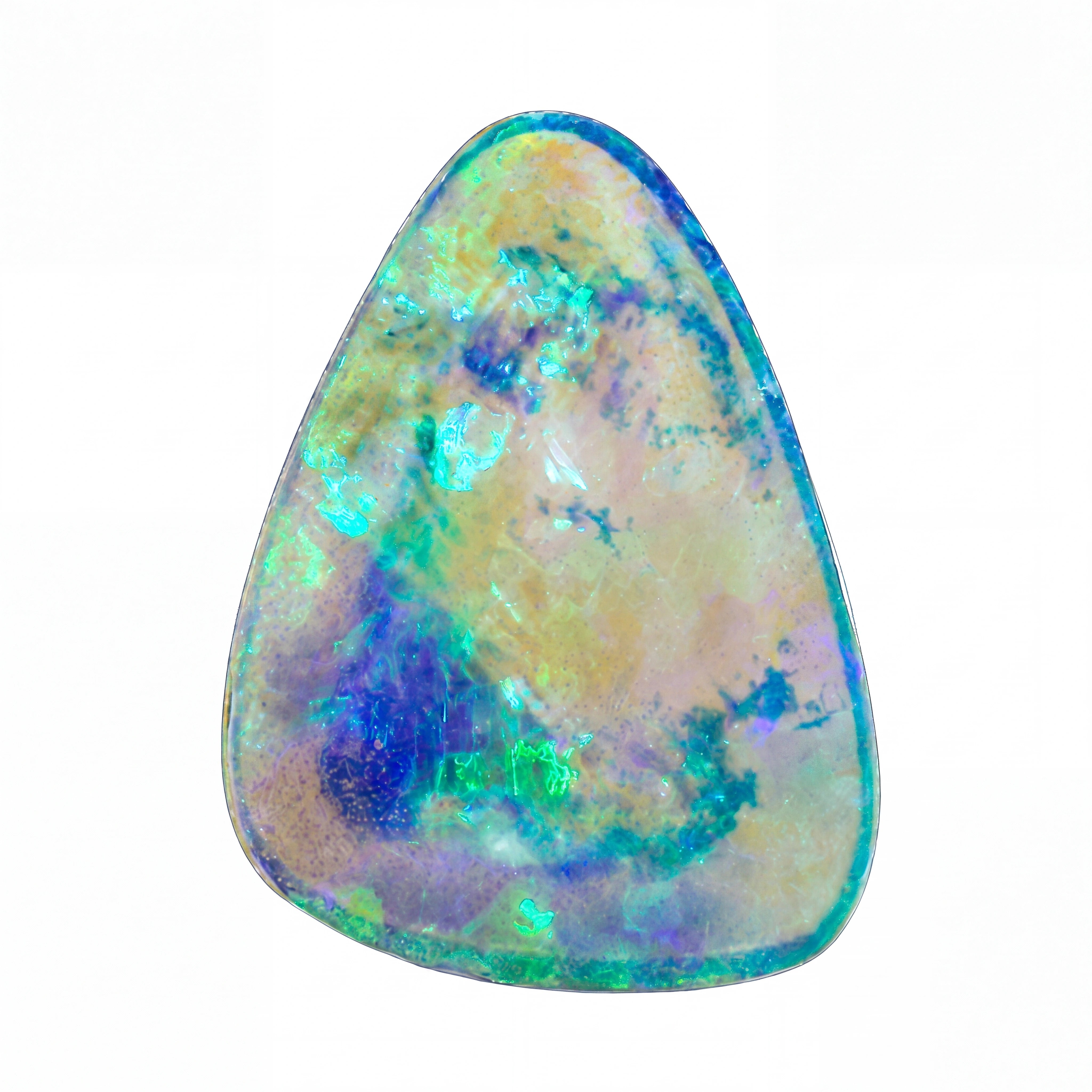 A teardrop-shaped natural opal gemstone with vibrant iridescent colours including blue, green, purple, and gold, set against a plain white background.