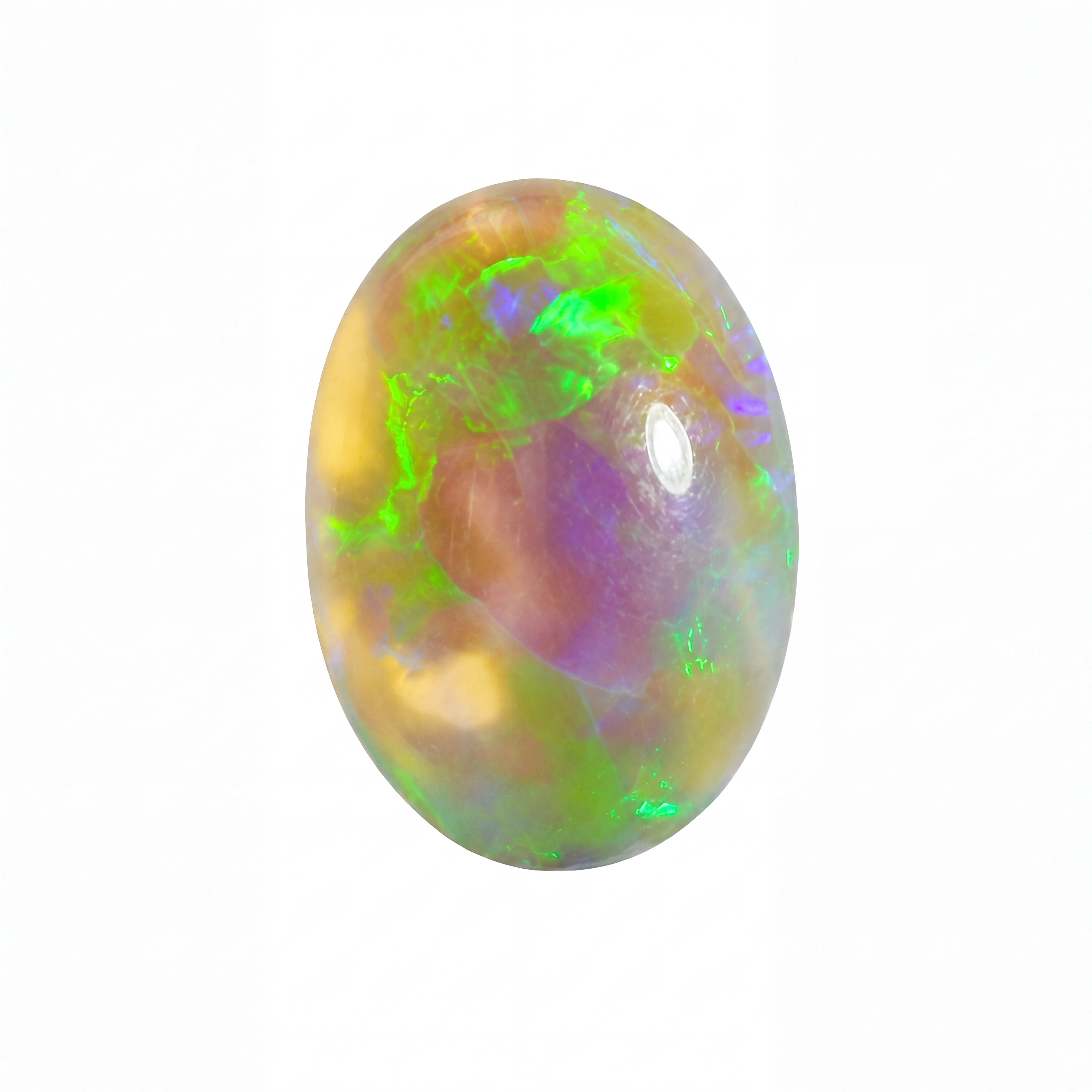 A polished oval cabochon gemstone showing a vibrant play-of-colour with green, purple, orange, and white iridescence on a solid white background.