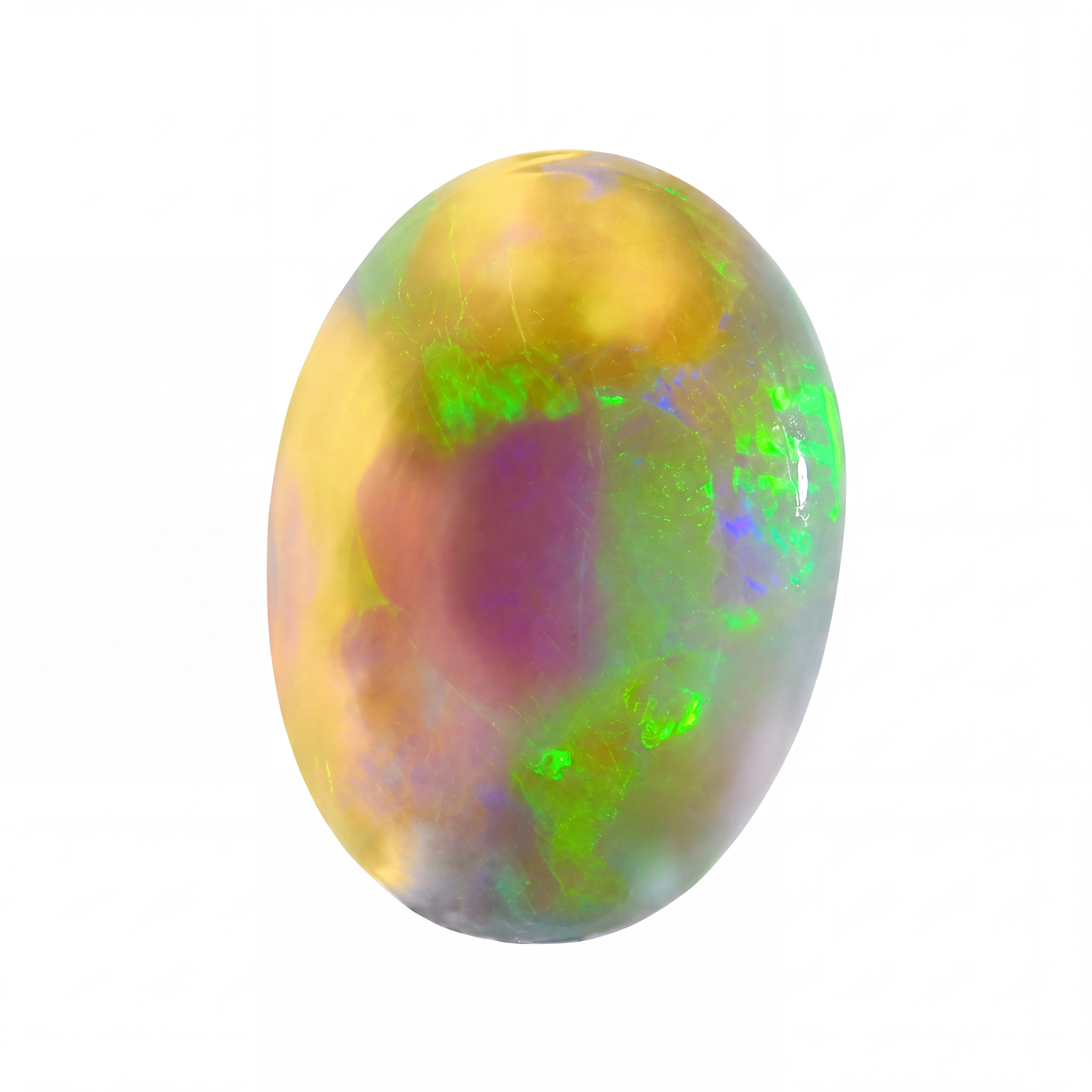 A polished oval cabochon gemstone with a vibrant play-of-colour pattern featuring green, purple, yellow, and blue hues on a solid white background.