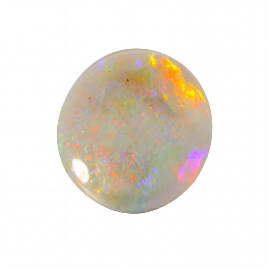 A round cabochon-cut opal gemstone displaying a play-of-colour with white, orange, yellow, and purple iridescence on a solid white background.