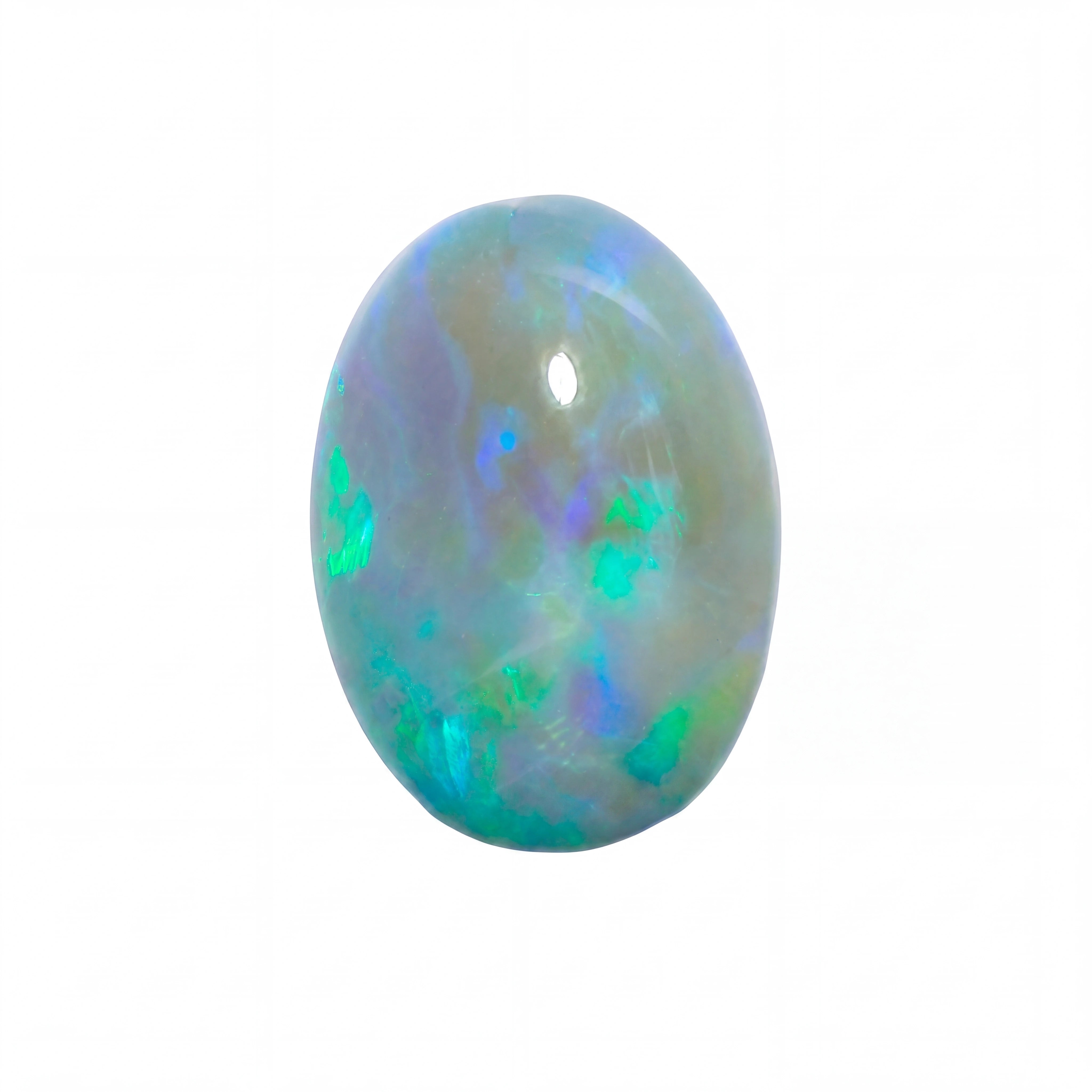 A polished oval cabochon gemstone with vibrant iridescent opal colours, featuring blue, green, and purple flashes on a white background.