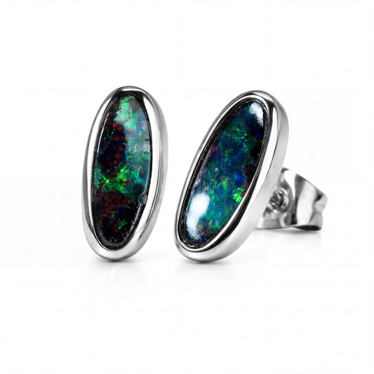 Boulder Opal Earrings in 14K White Gold - Green-Blue - Australian Opal Cutters and Pearl Divers