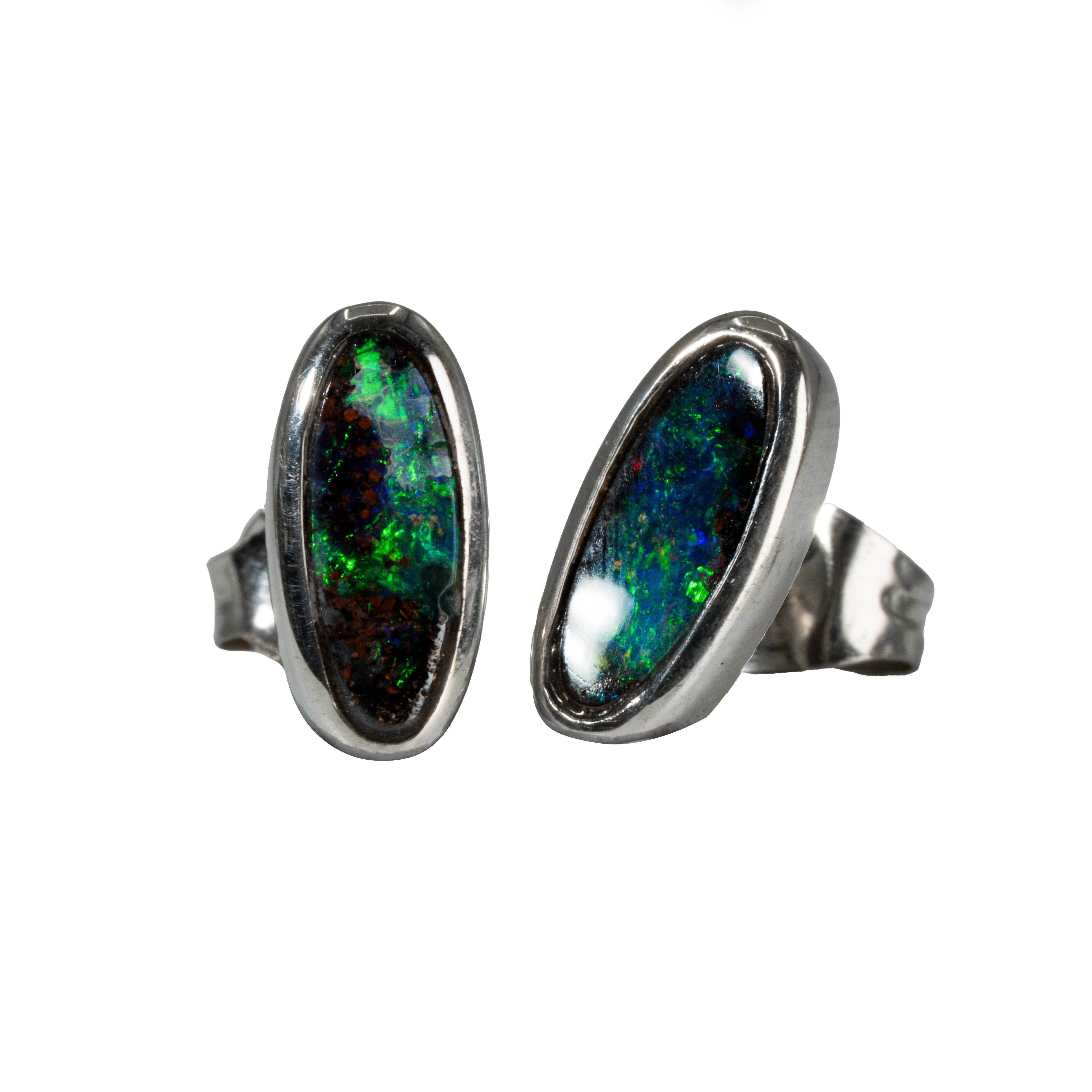 Boulder Opal Earrings in 14K White Gold - Green-Blue