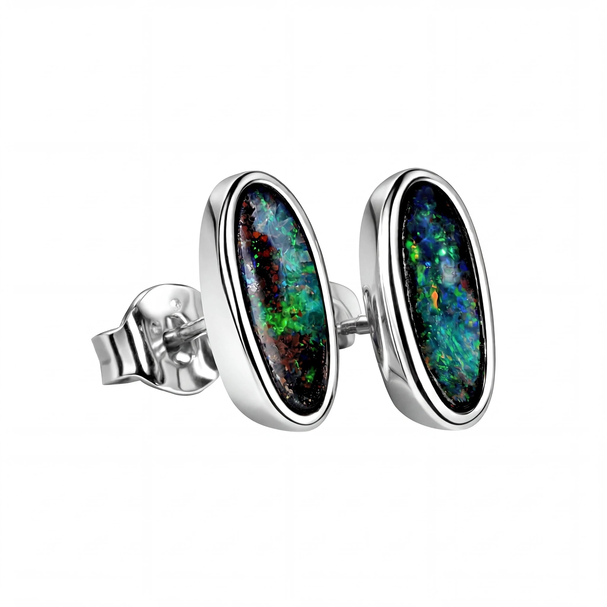Boulder Opal Earrings in 14K White Gold - Green-Blue - Australian Opal Cutters and Pearl Divers