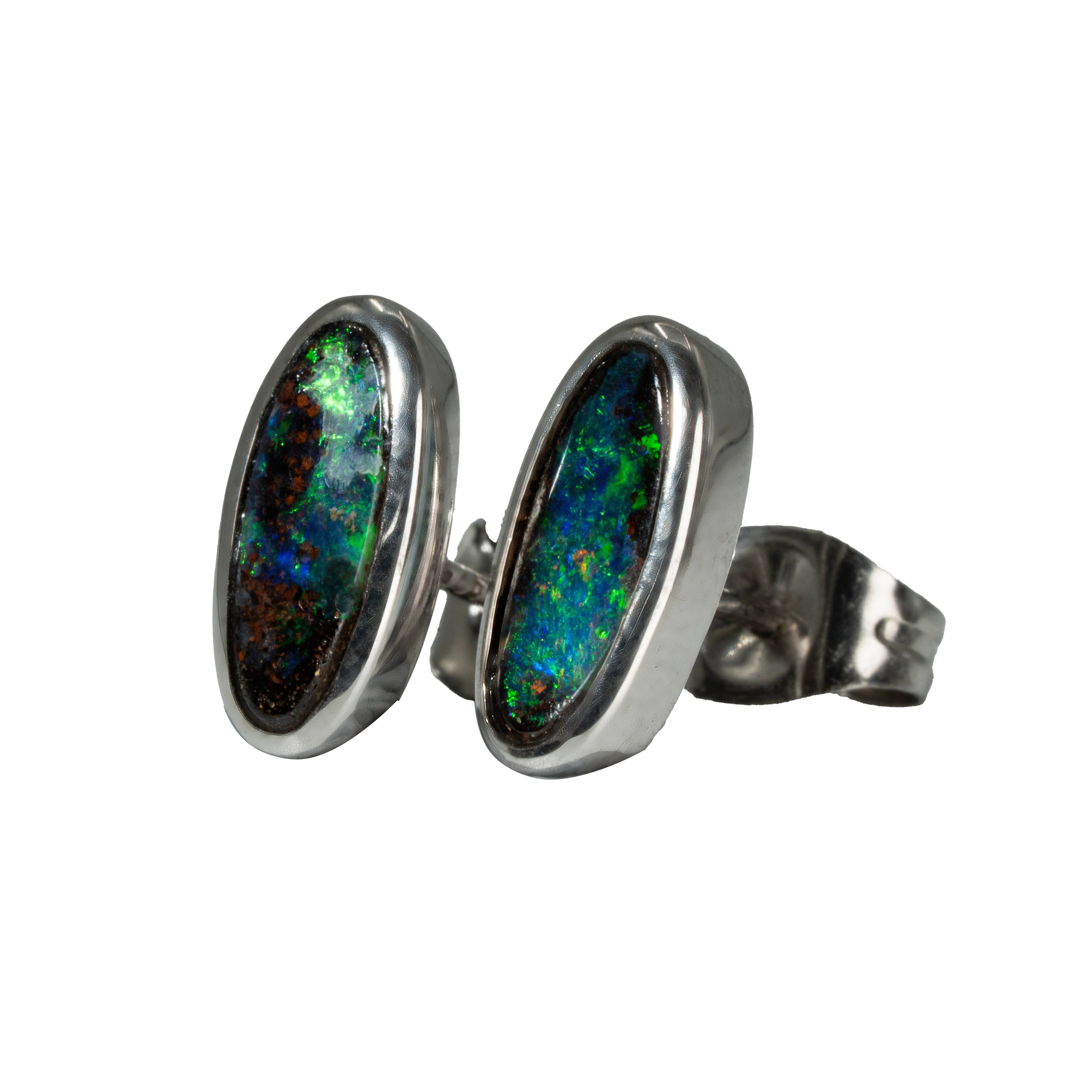 Boulder Opal Earrings in 14K White Gold - Green-Blue