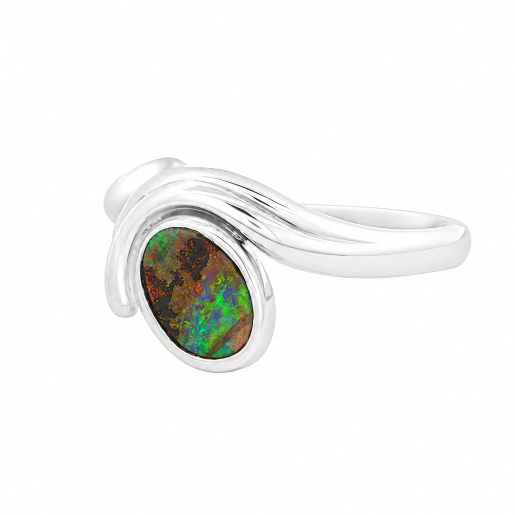 Boulder Opal Ring set in 925 Sterling Silver - Multicolour - Australian Opal Cutters and Pearl Divers