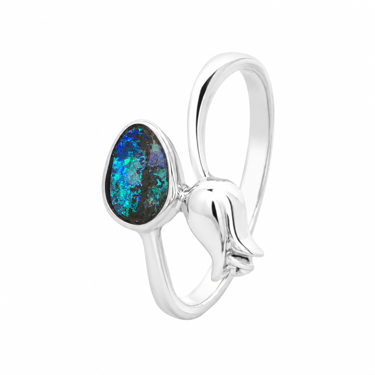 Boulder Opal Rose Ring set in 925 Sterling Silver - Blue-Green - Australian Opal Cutters and Pearl Divers