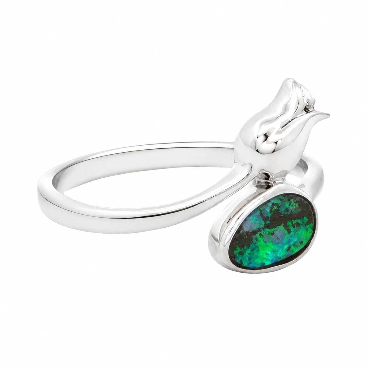 Boulder Opal Rose Ring set in 925 Sterling Silver - Blue-Green - Australian Opal Cutters and Pearl Divers