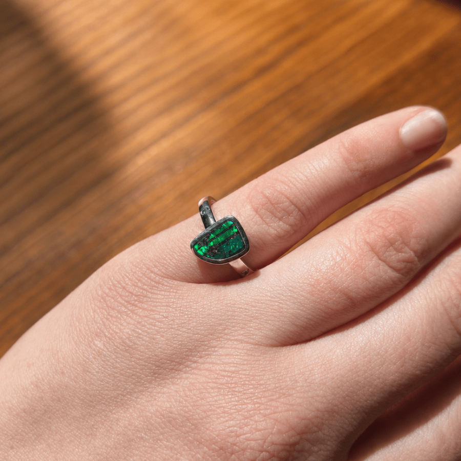 Boulder Opal Ring set in 925 Sterling Silver - Green-Blue - Australian Opal Cutters and Pearl Divers