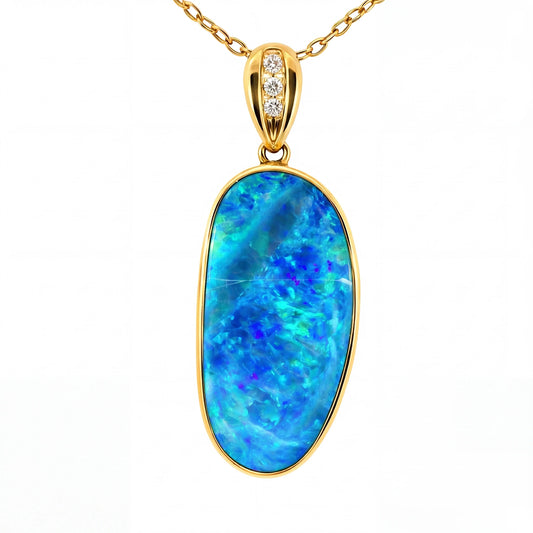 Doublet Opal Pendant in 14K Yellow Gold - Green-Blue - Australian Opal Cutters and Pearl Divers