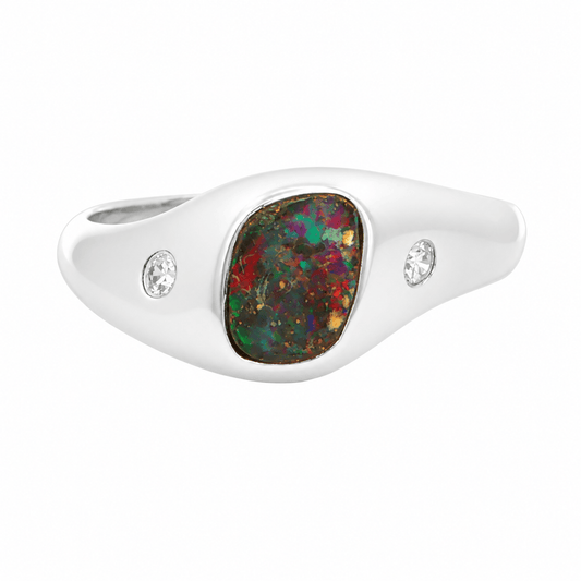 Freeform Boulder Opal Ring set in 925 Sterling Silver - Multicolour - Australian Opal Cutters and Pearl Divers