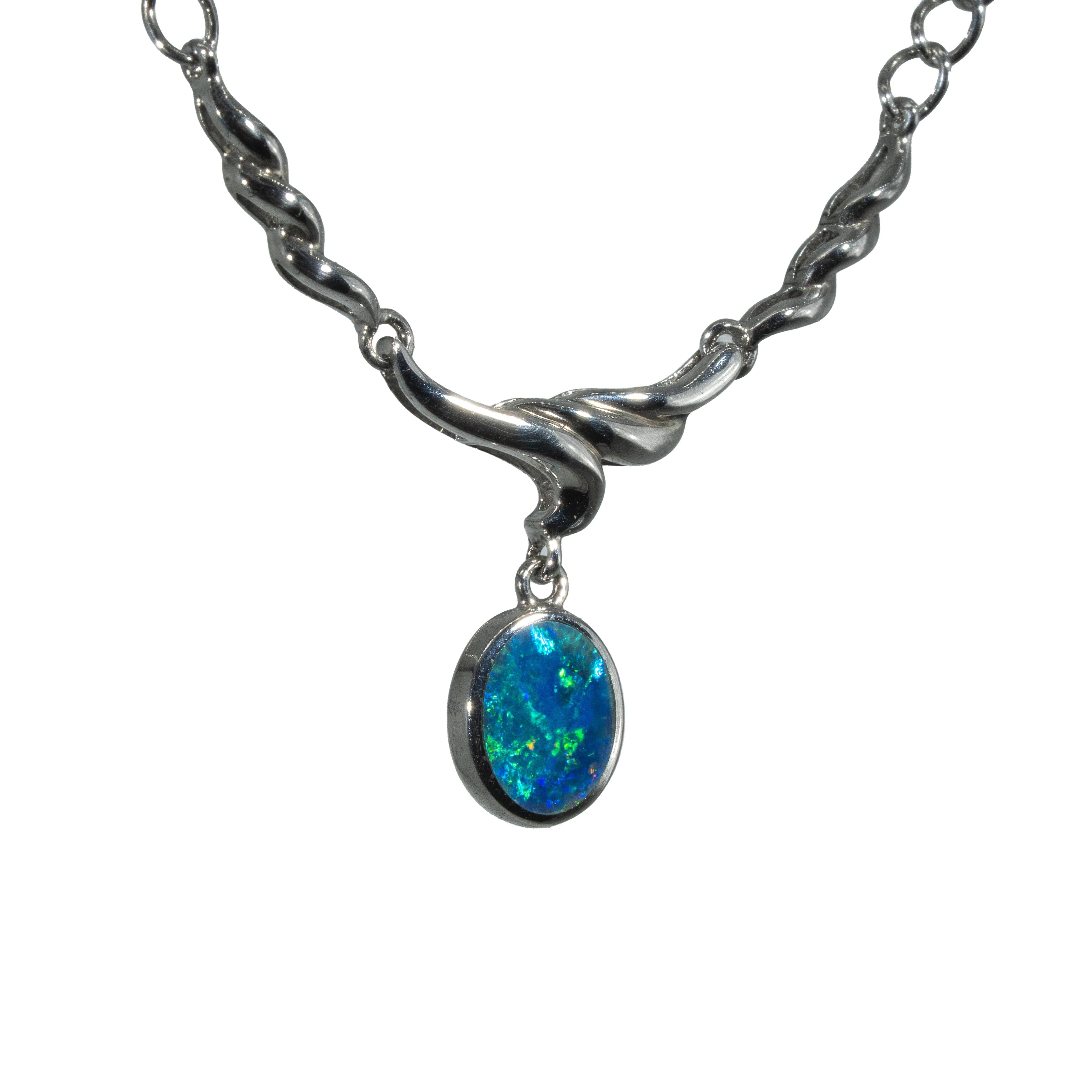 Doublet Opal Necklace in 925 Sterling Silver - Green-Blue
