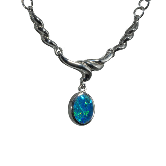 Doublet Opal Necklace in 925 Sterling Silver - Green-Blue