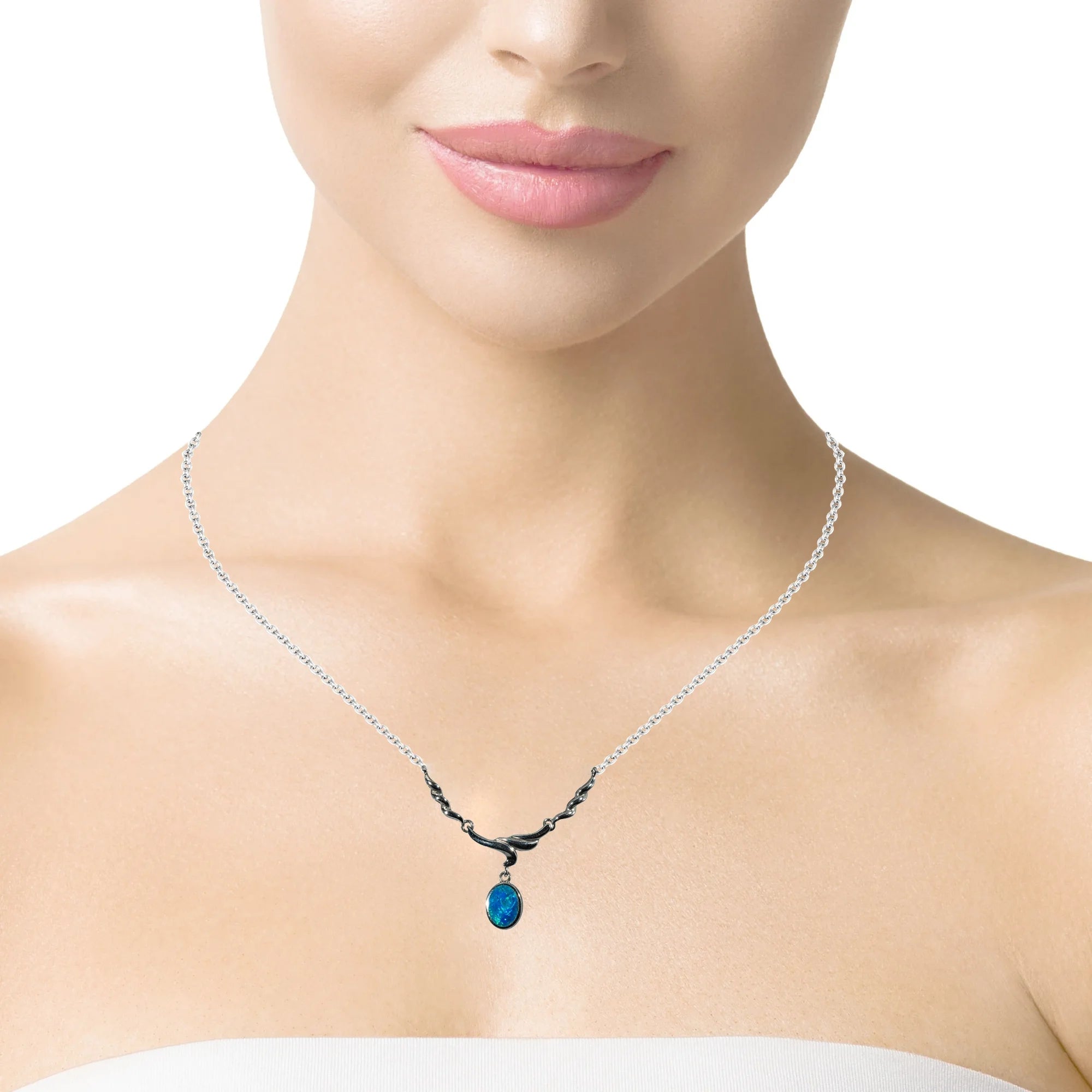 Doublet Opal Necklace in 925 Sterling Silver - Green-Blue