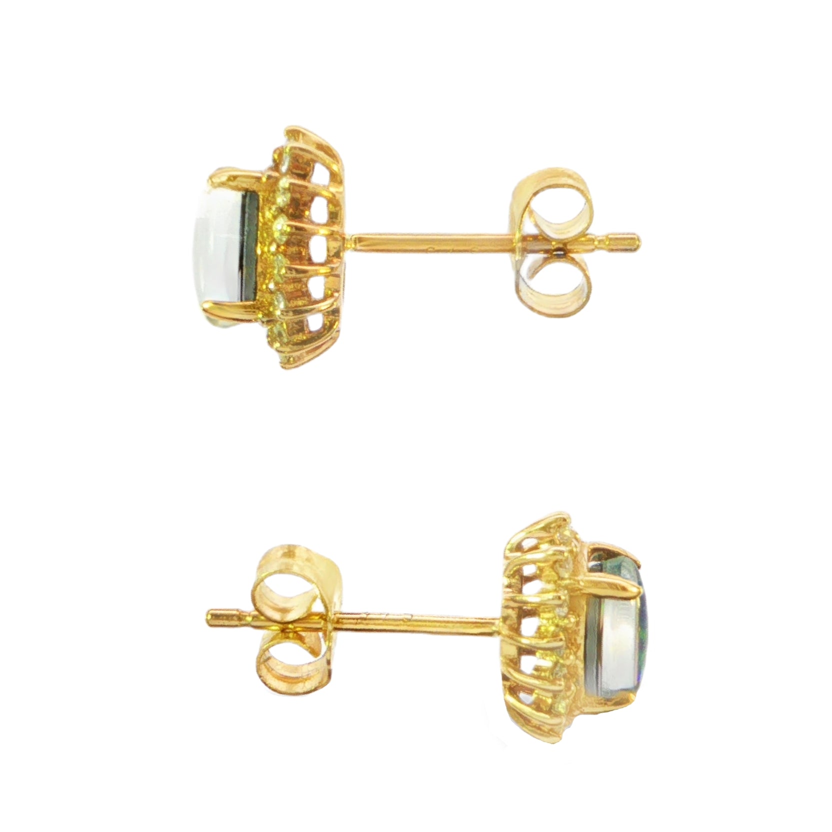 Australian Triplet Opal Earrings in 9K Yellow Gold with Diamonds - Green-Blue - Australian Opal Cutters and Pearl Divers