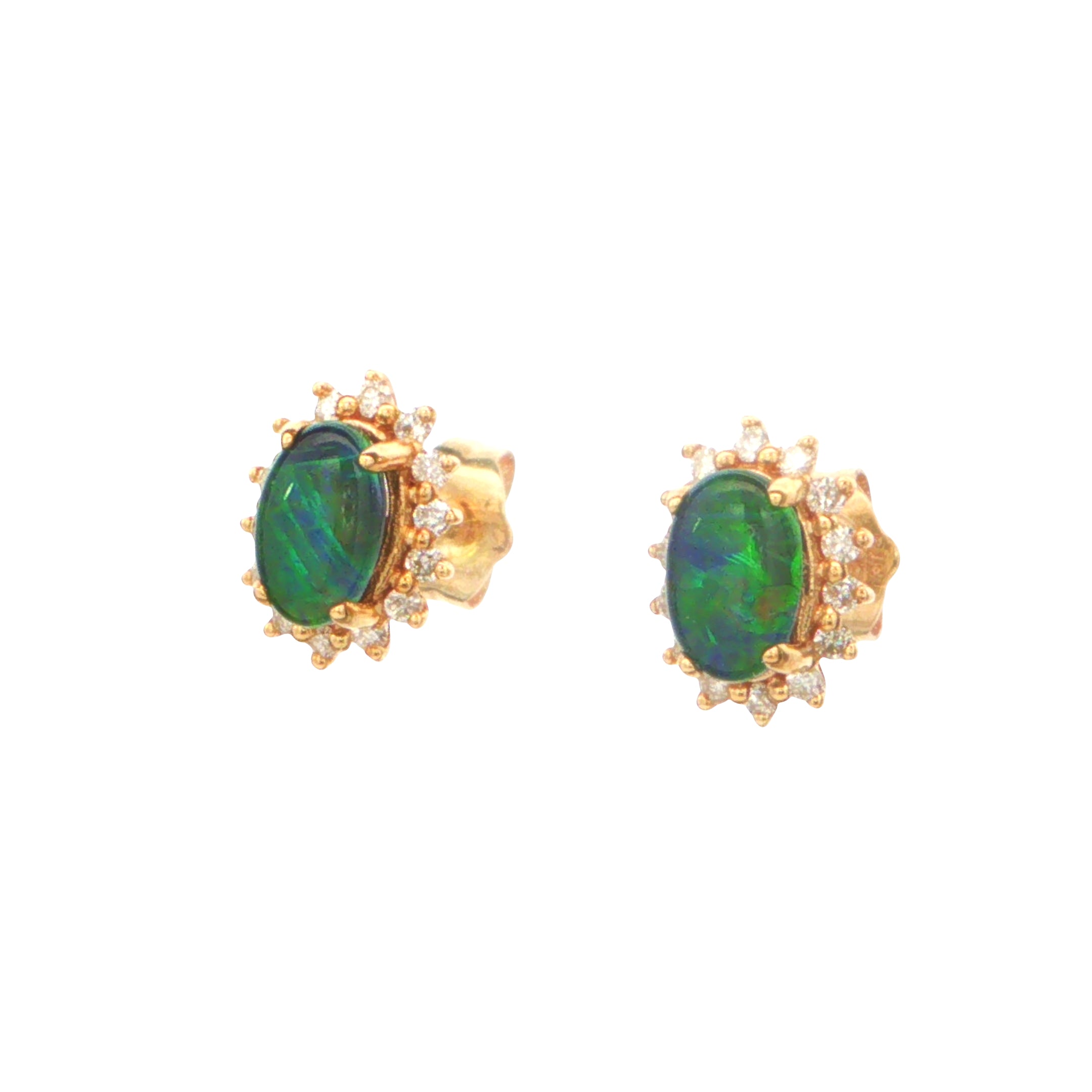 Australian Triplet Opal Earrings in 9K Yellow Gold with Diamonds - Green-Blue - Australian Opal Cutters and Pearl Divers