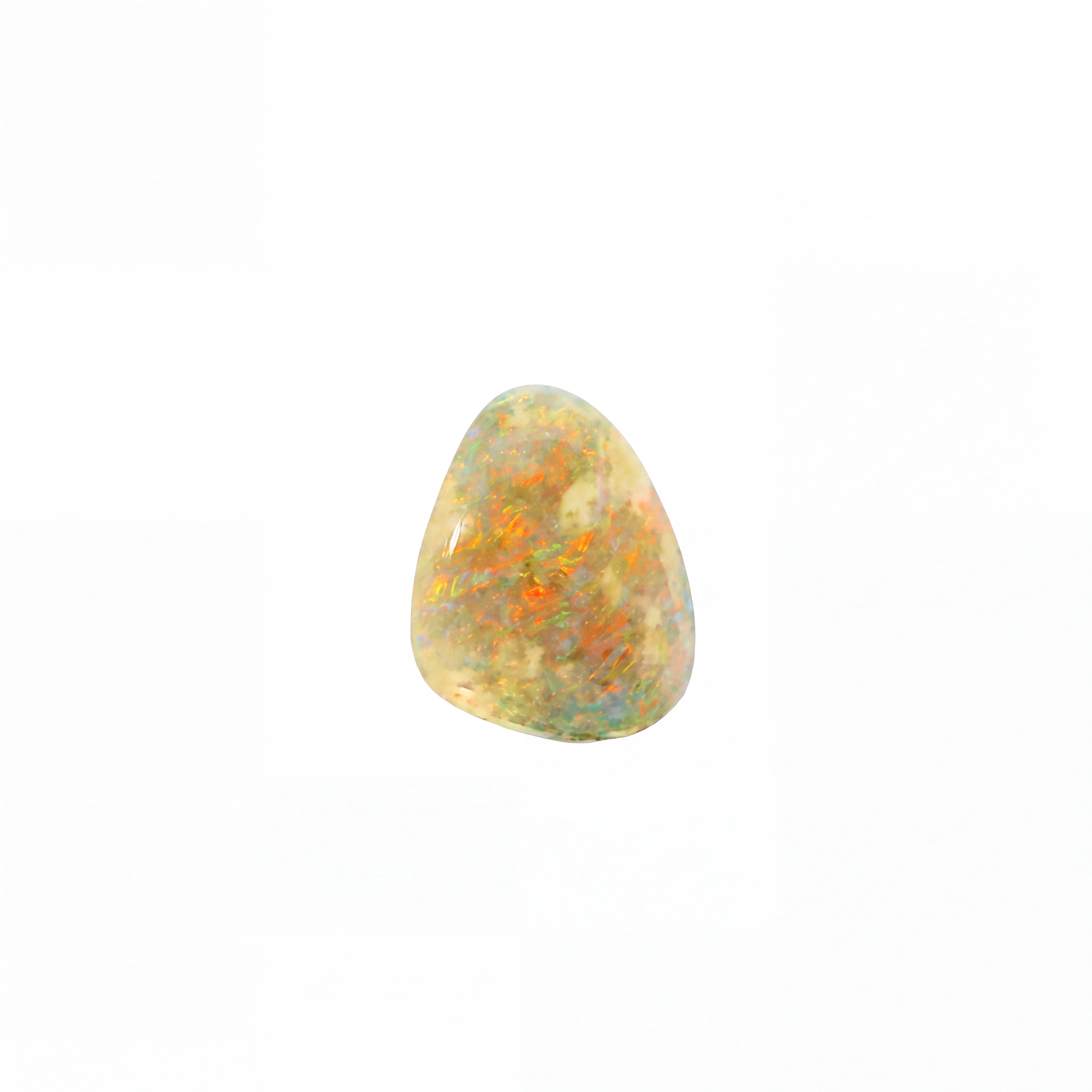 A polished triangular cabochon gemstone with a mottled play-of-colour pattern featuring orange, blue, green, and cream, set against a solid white background.
