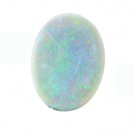 A polished oval cabochon gemstone with a play-of-colour pattern featuring light blue, green, and purple iridescence on a white base, isolated on a solid white background.