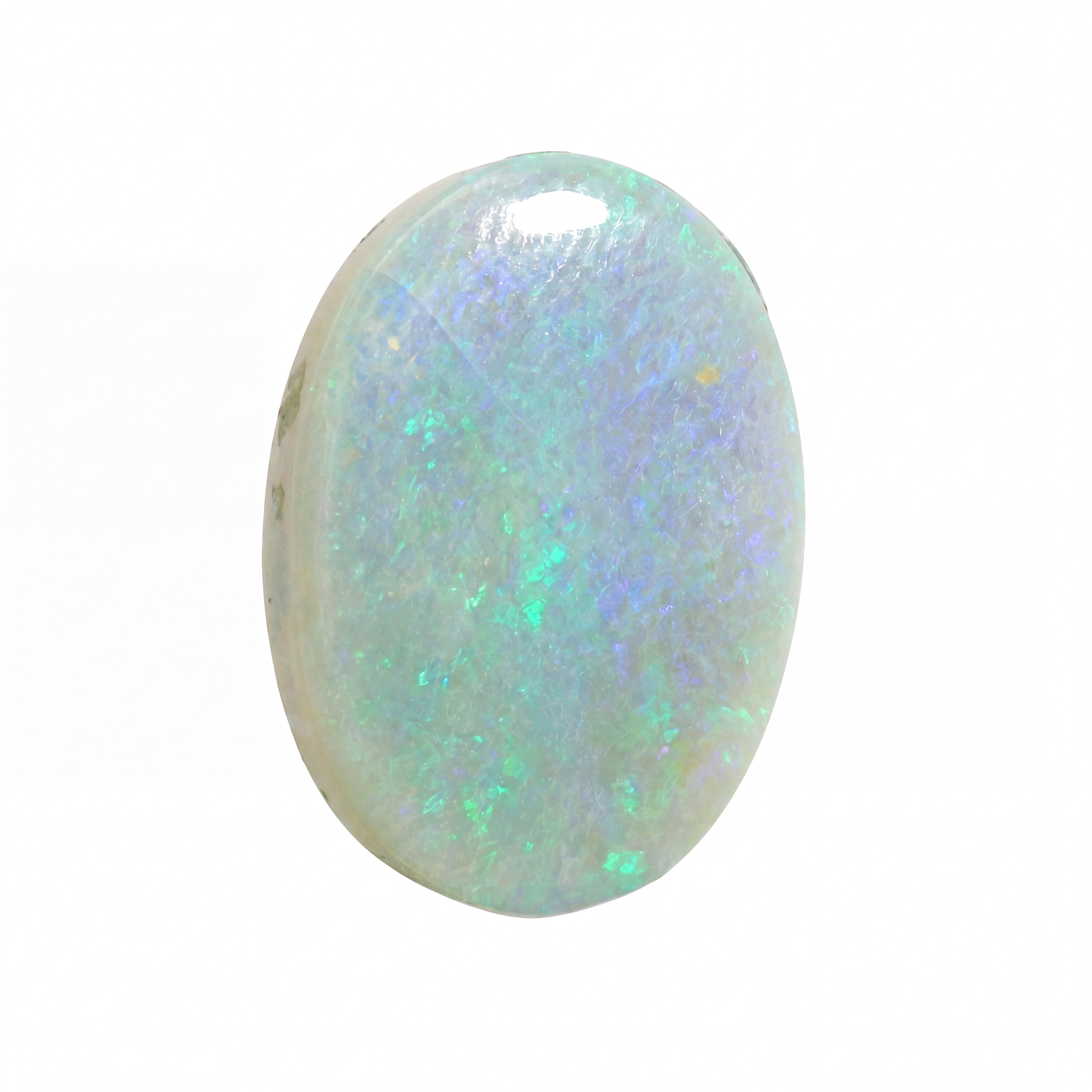 A polished oval cabochon gemstone showing a play-of-colour opal pattern with iridescent blue, green, and white flashes on a pale base, isolated on a white background.