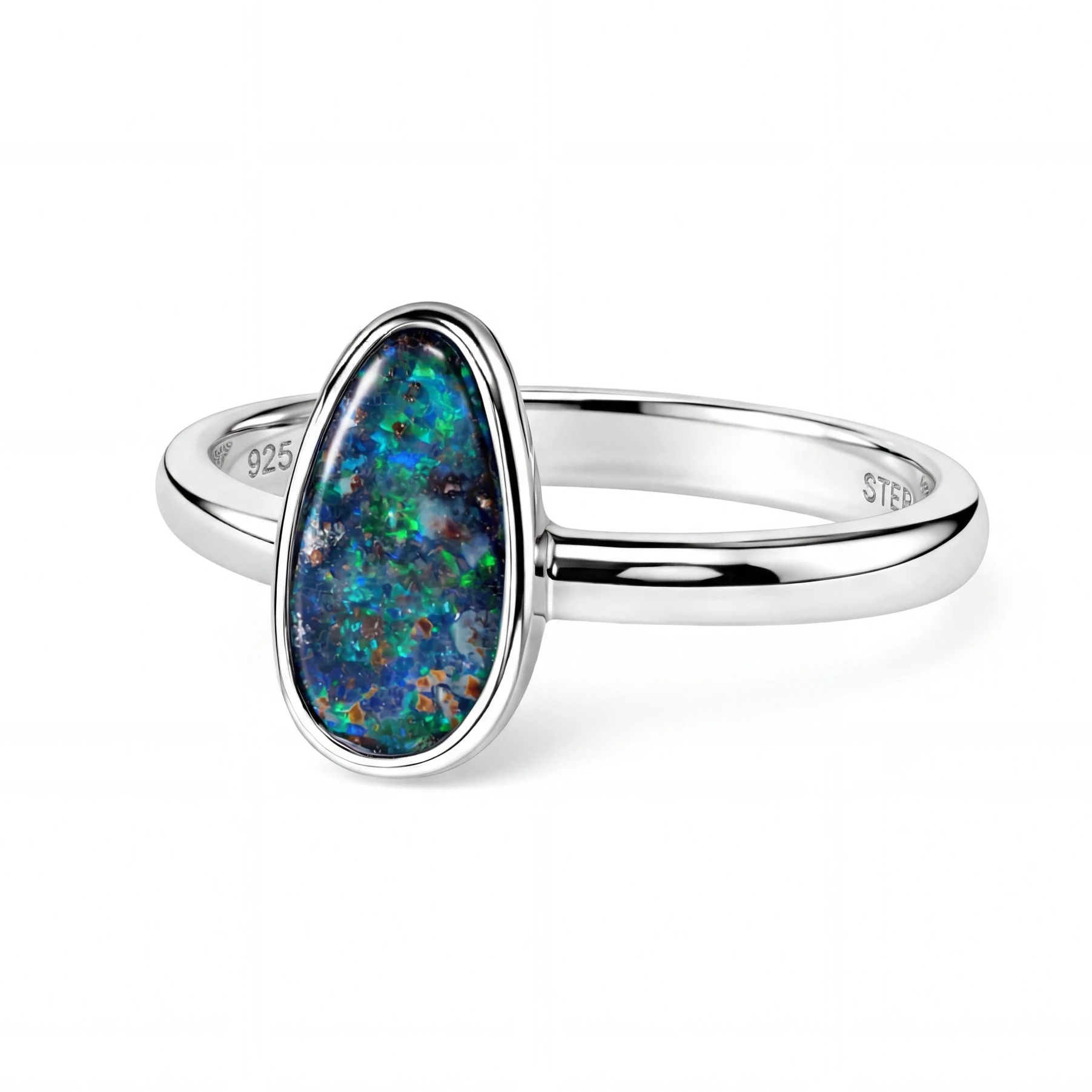 Boulder Opal Ring in 925 Sterling Silver (Green-Blue) - Australian Opal Cutters and Pearl Divers