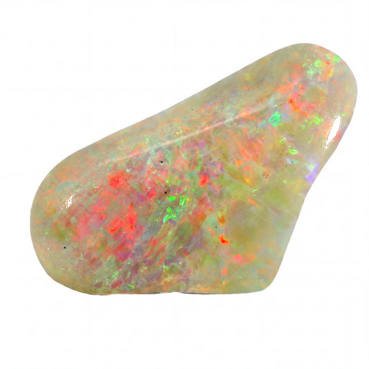 A polished natural opal stone with a teardrop shape, displaying a mix of white, green, orange, and red iridescent flashes on a clean white background.