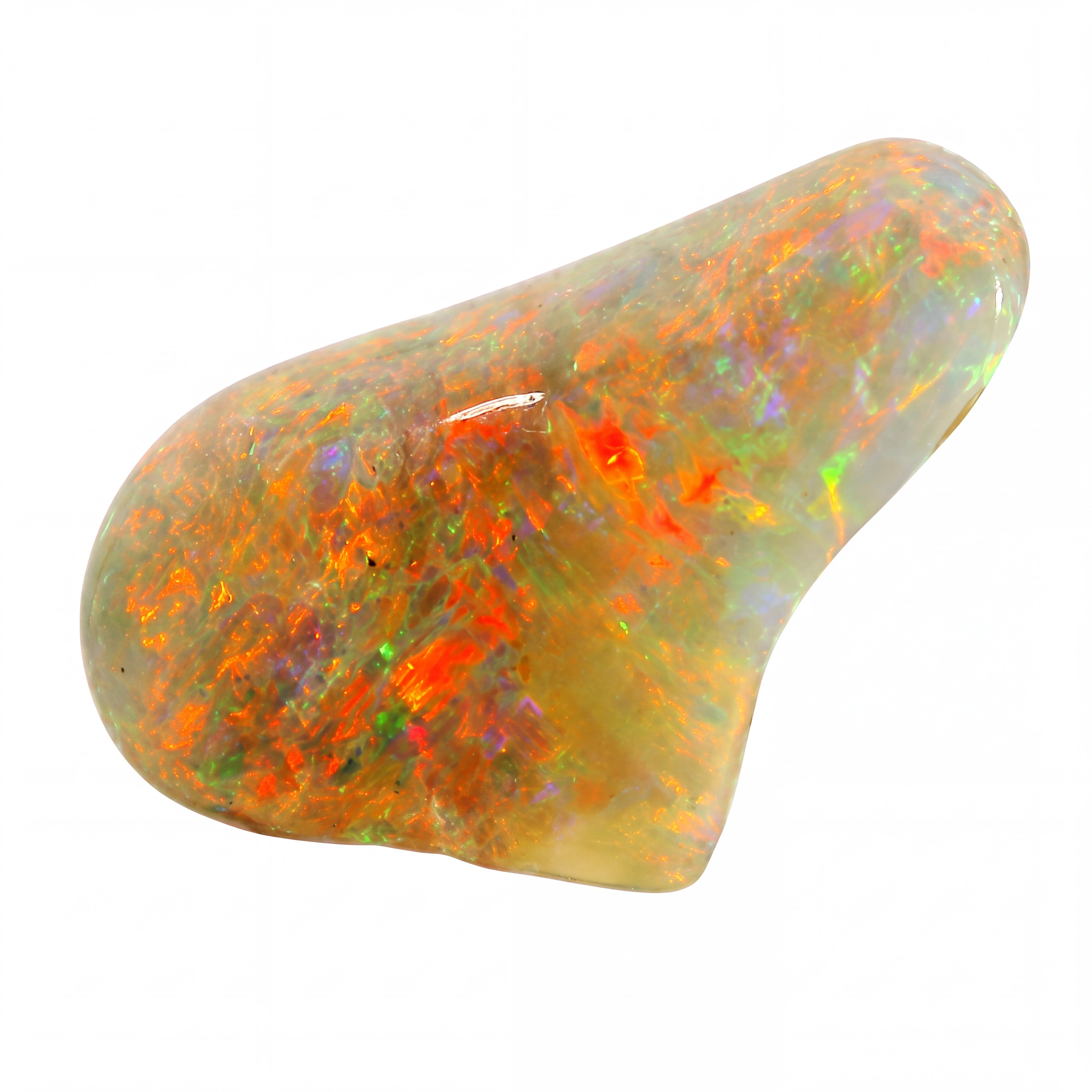 A polished natural opal stone with vibrant iridescent flashes of orange, red, green, and blue over a creamy translucent base, shown on a plain white background.