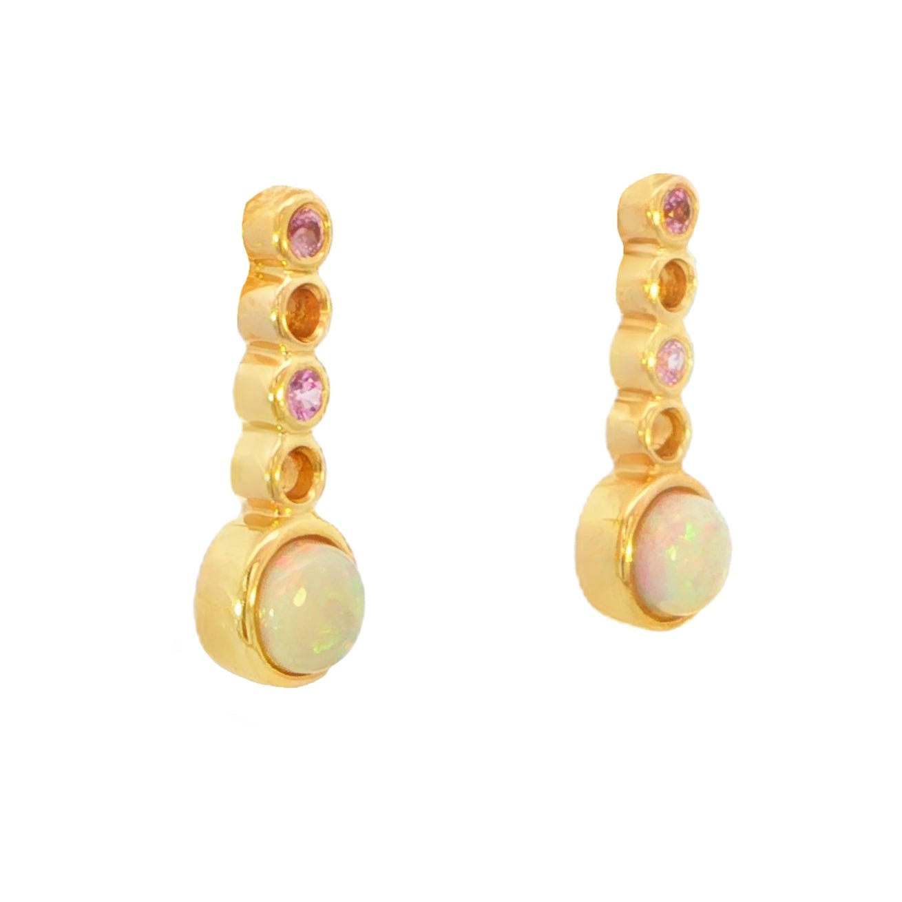 Australian Light Opal Earrings in 14K Yellow Gold with Pink Sapphire - Multicolour - Australian Opal Cutters and Pearl Divers