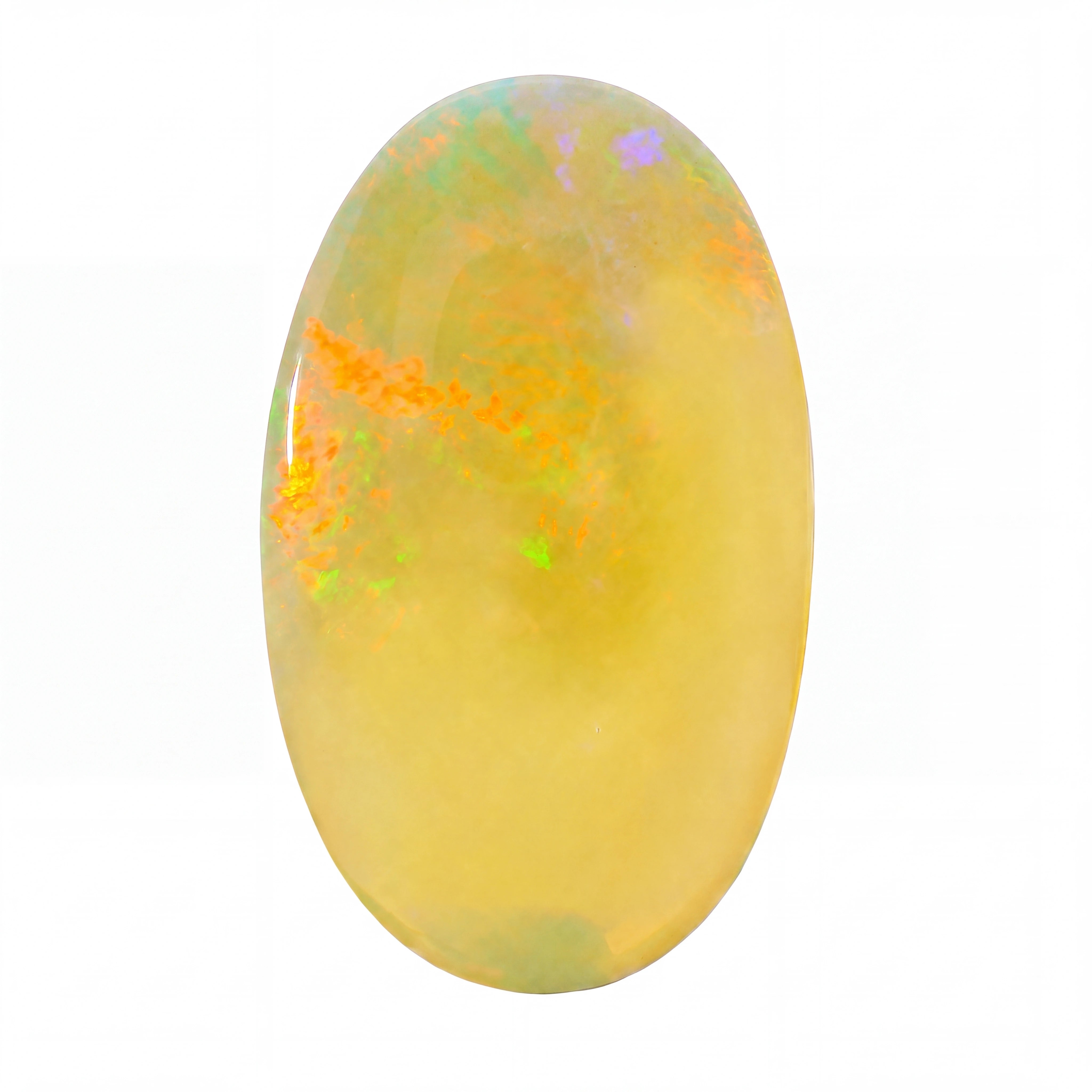 A polished oval cabochon gemstone with a soft yellow body and vibrant iridescent flashes of orange, green, blue, and purple, set against a plain white background.