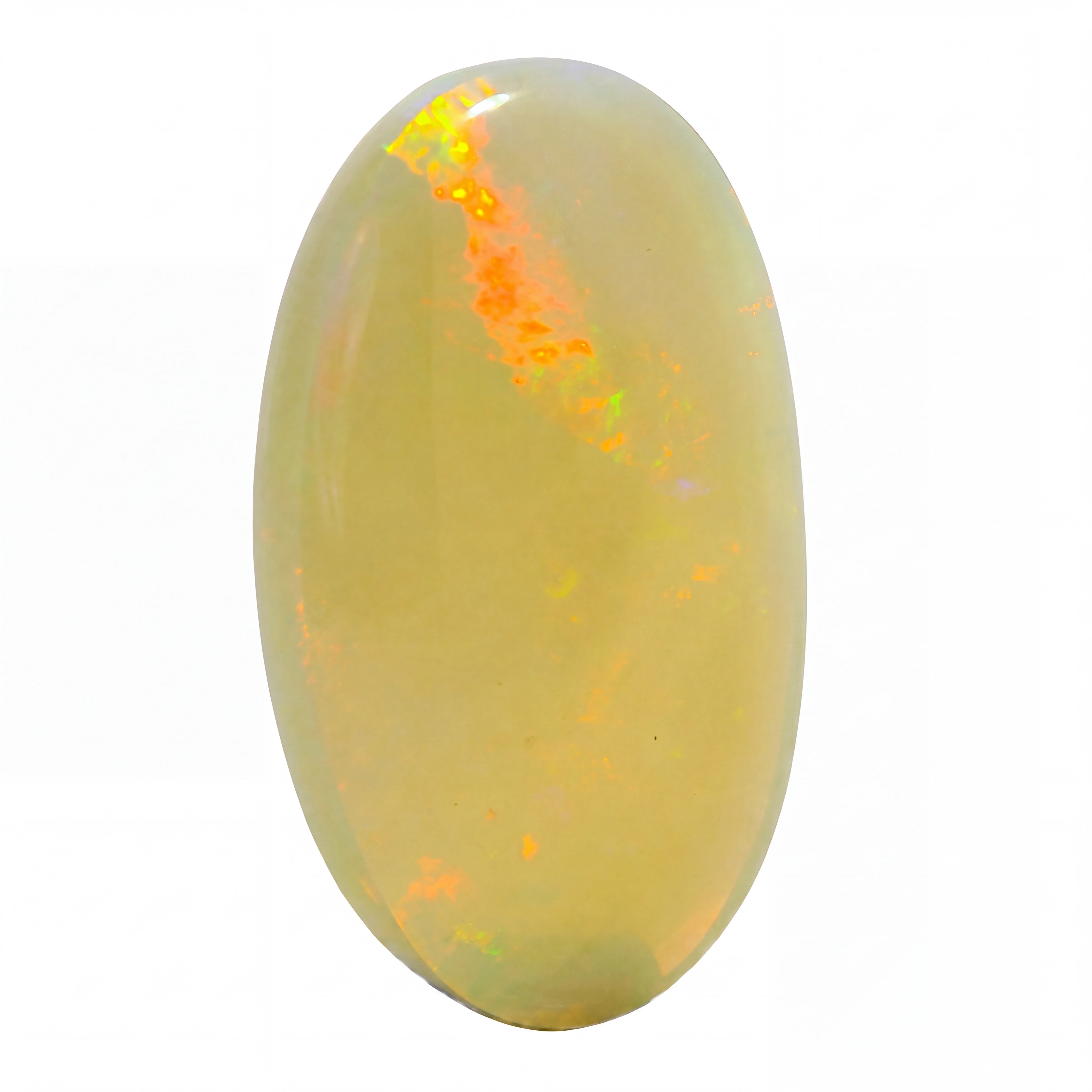 A polished oval cabochon gemstone with a creamy yellow base and vibrant orange, green, and blue flashes, set against a plain white background.