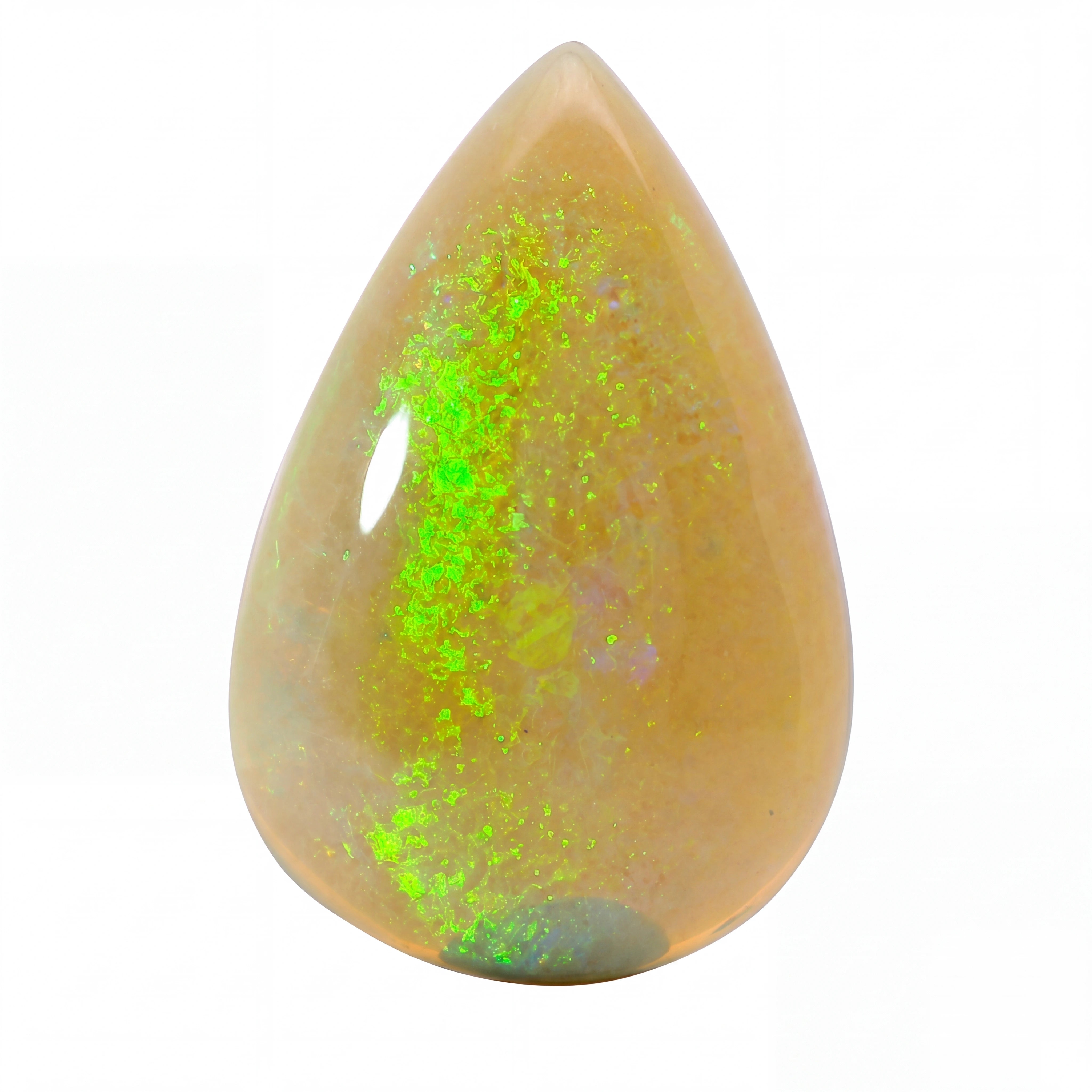A teardrop-shaped polished opal gemstone with a warm peach-beige base and vibrant neon green flashes, shown on a solid white background.
